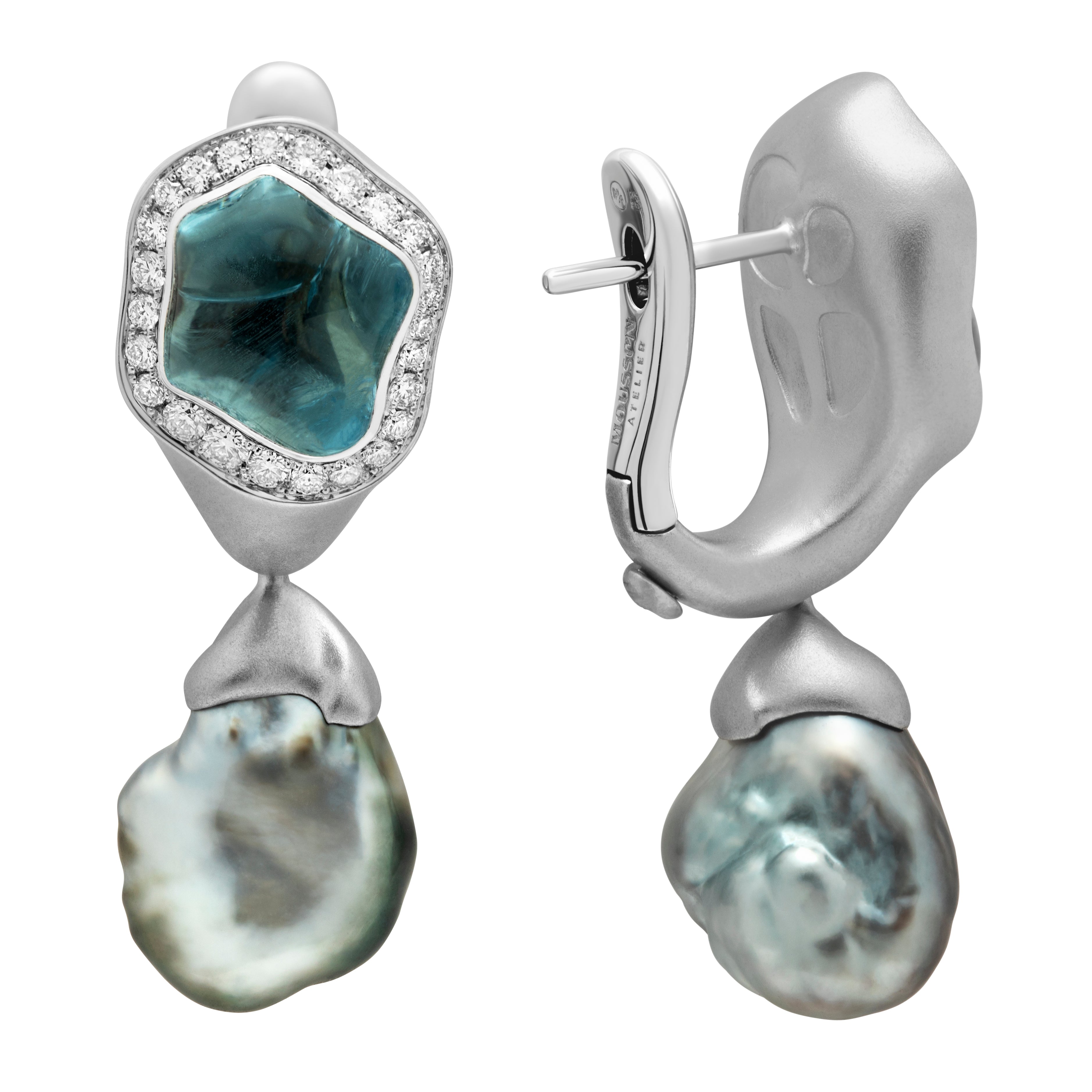 E 0030-4/1 18K White Gold, Aquamarine, Keshi Pearl, Diamonds Earrings