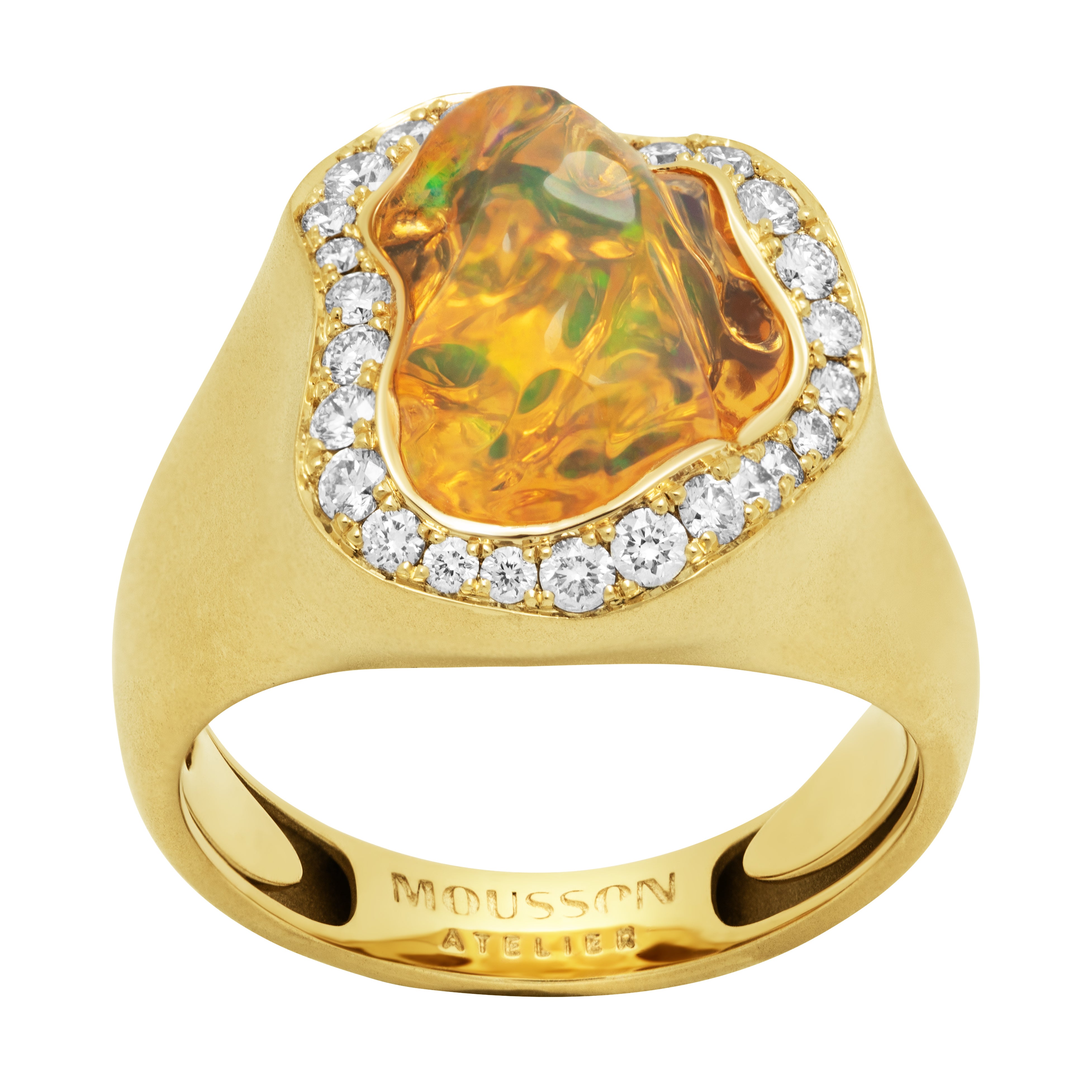 R 0029-58/1 18K Yellow Gold, Mexican Fire Opal, Diamonds Ring