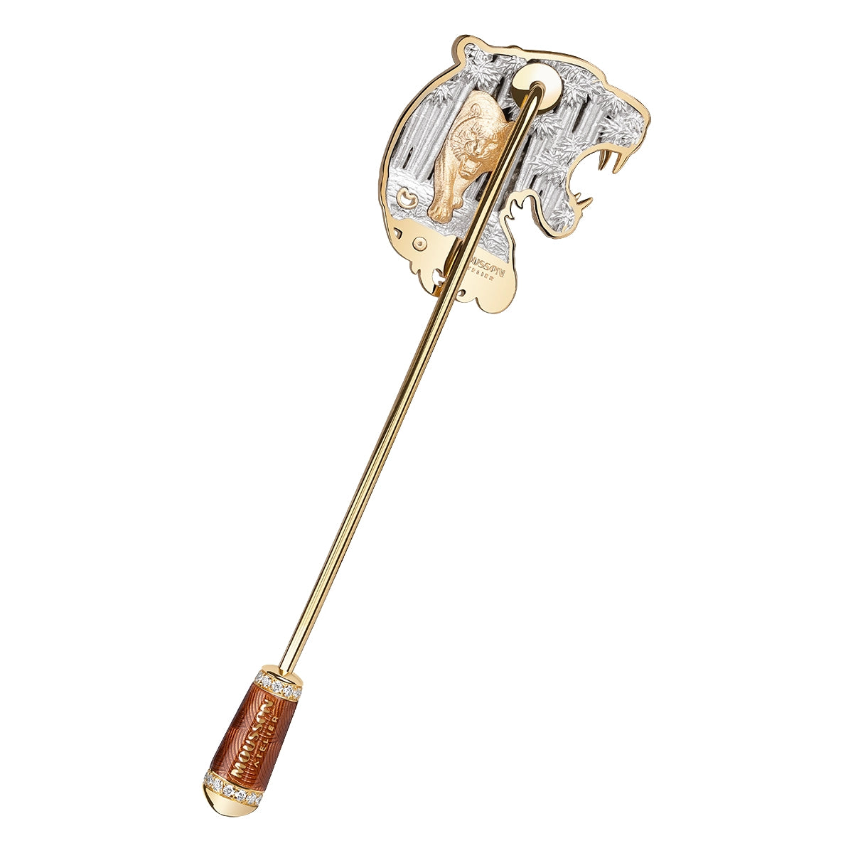 Back side of a Mousson Atelier enamel pin featuring a roaring tiger in matt gold over a textured white gold background of bamboo forest, with a gold border and pin clasp visible.