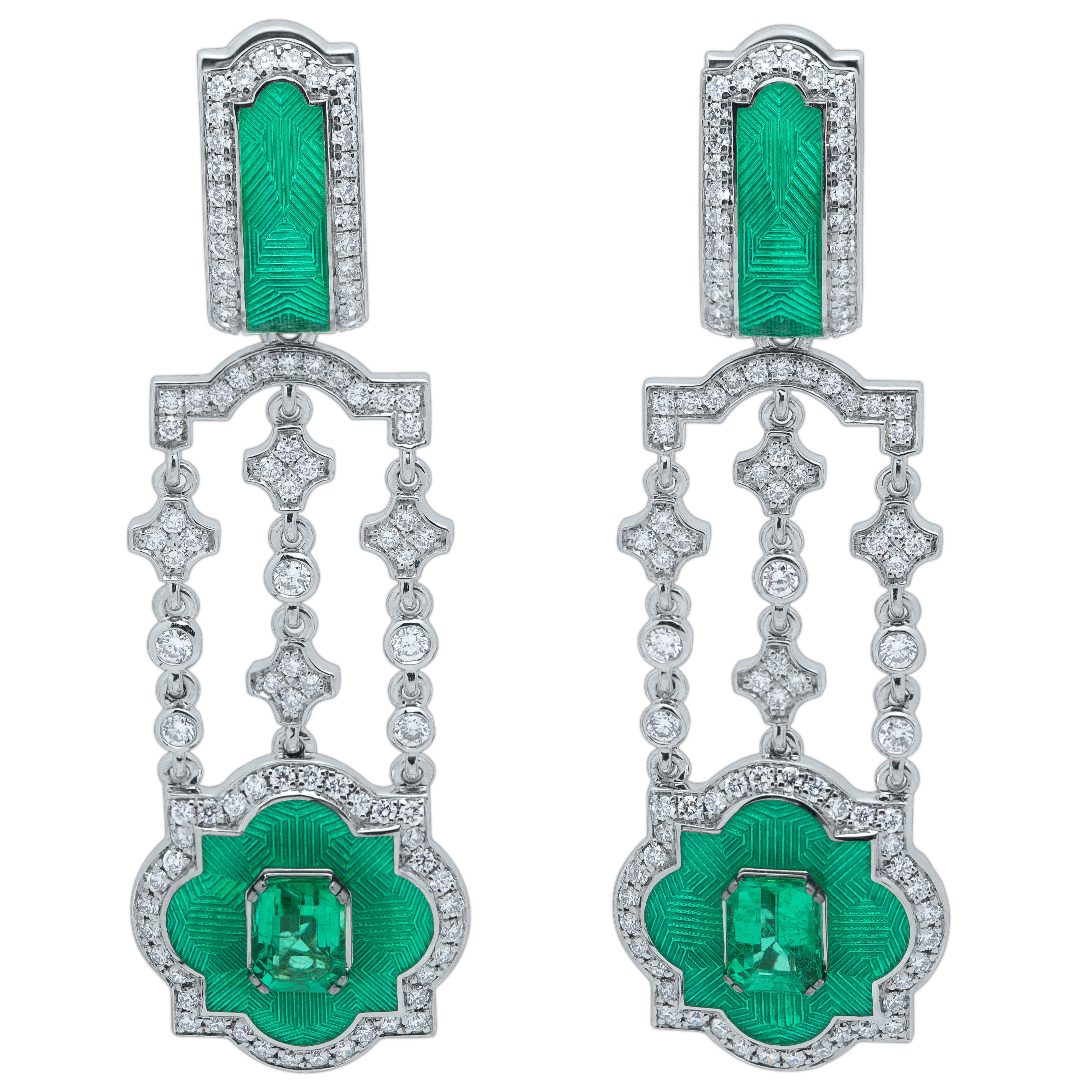 E 0117-10 18K White Gold, Emerald, Diamonds Earrings