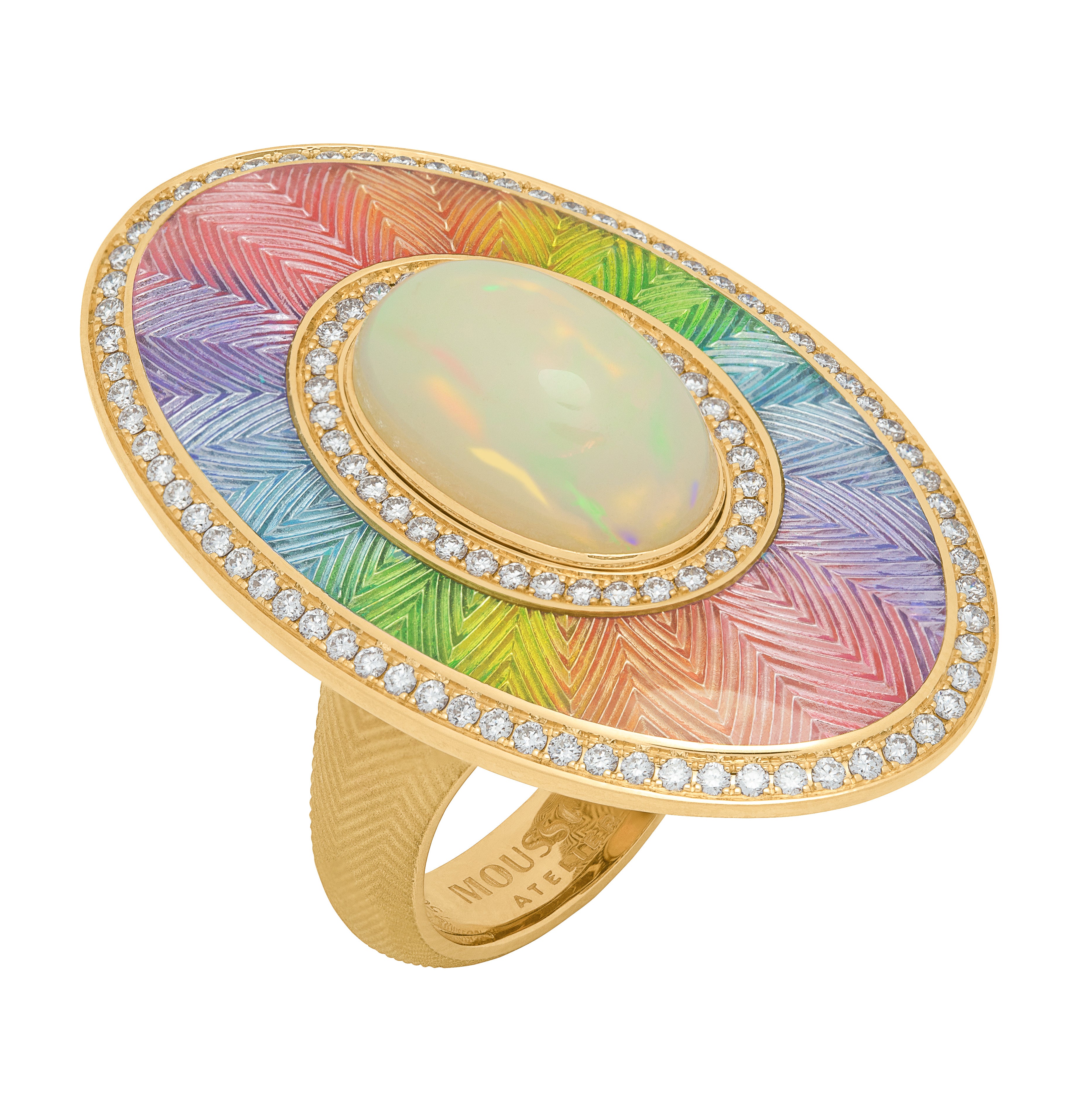 R 0105-2 18K Yellow Gold, Enamel, Opal, Diamonds Ring