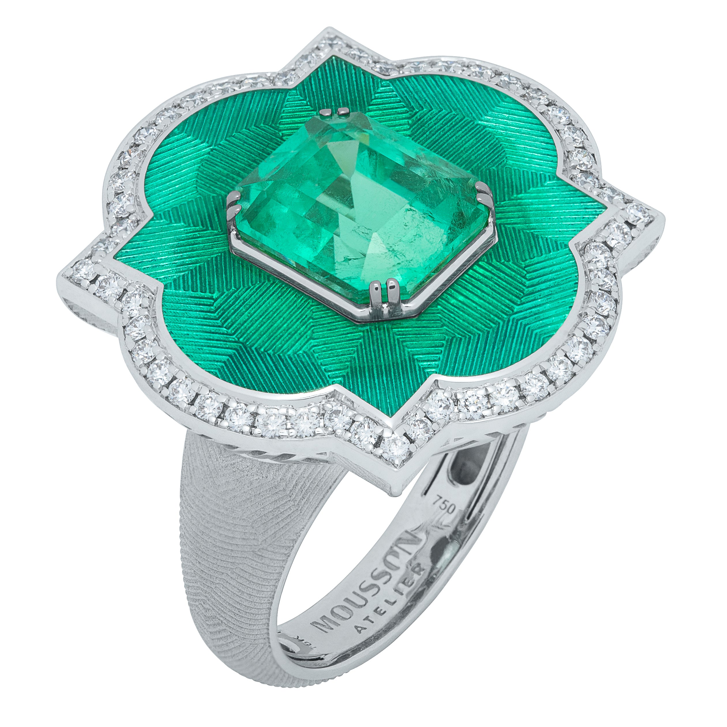 R 0117-10 18K White Gold, Emerald, Diamonds Ring