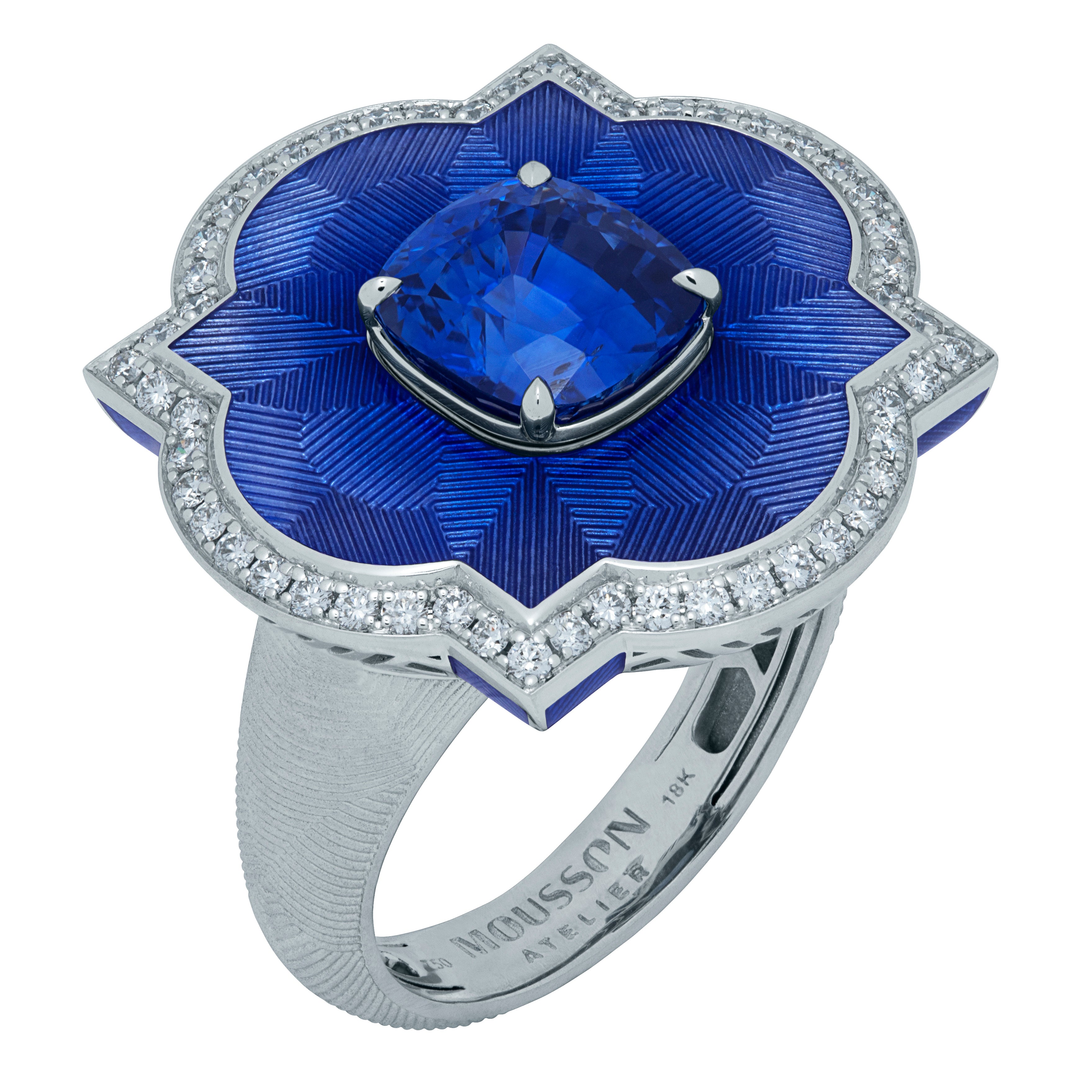 R 0117-20 18K White Gold, Sapphire, Diamonds Ring