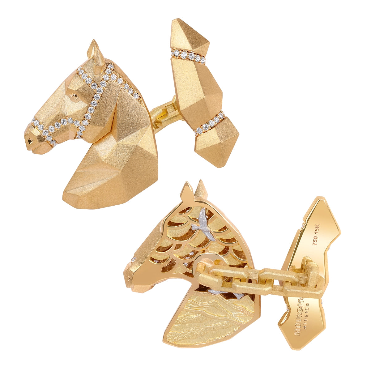 Yellow Gold horse head cufflinks with diamonds