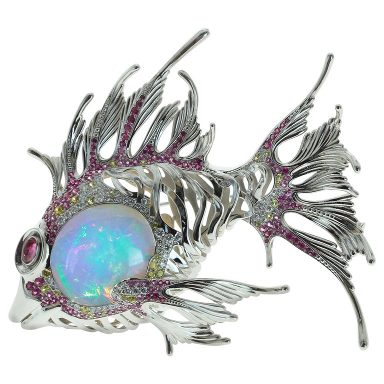 Brs 0251-3, 18K White Gold, Opal, Diamonds, Sapphires Lion Fish Brooch