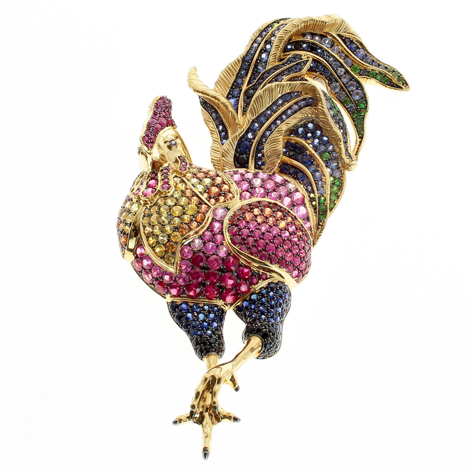 Brs 0173-0, 18K Yellow Gold, Multi-Color Sapphires Rooster Brooch