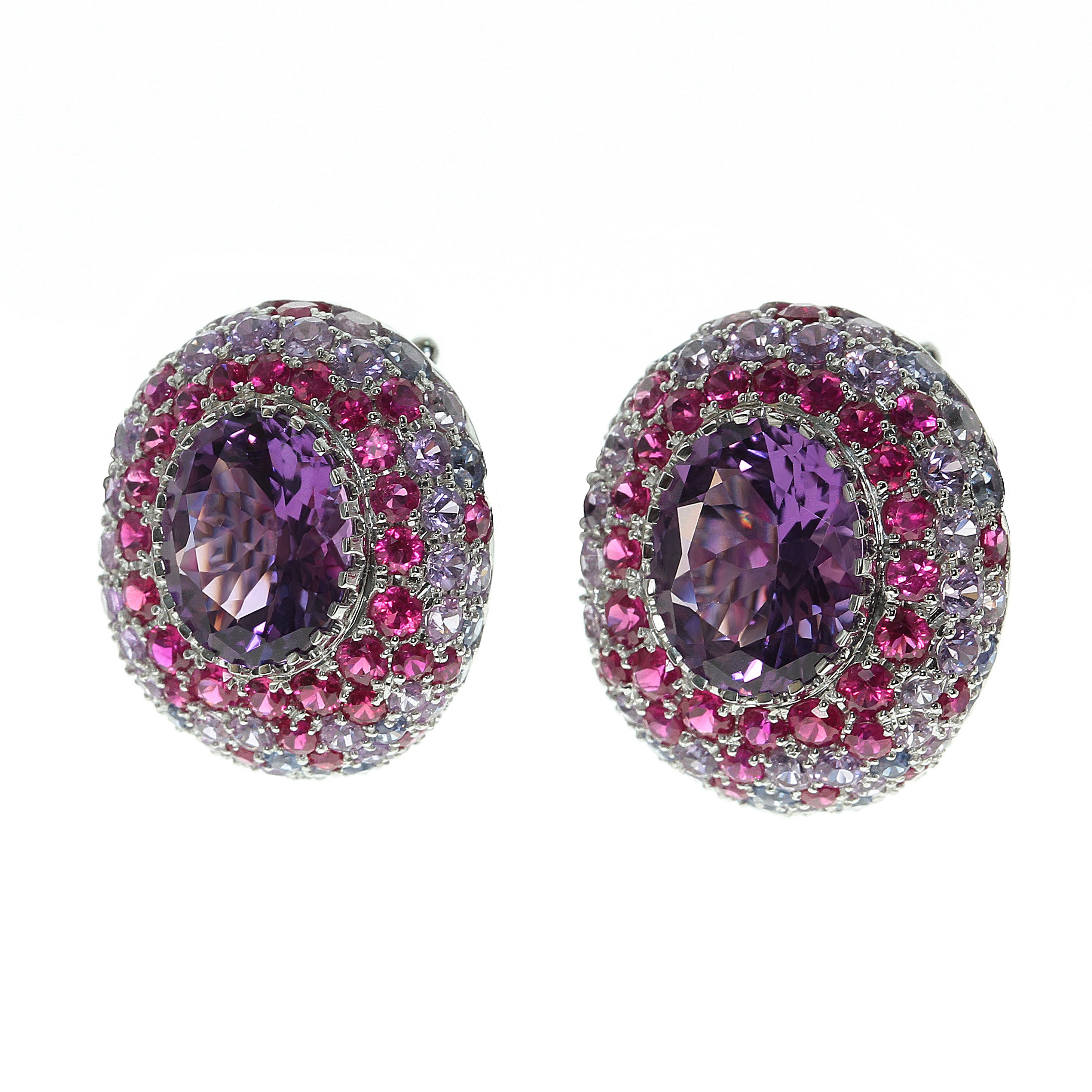 E 0040-2, 18K White Gold, Amethyst, Sapphires, Ruby Earrings