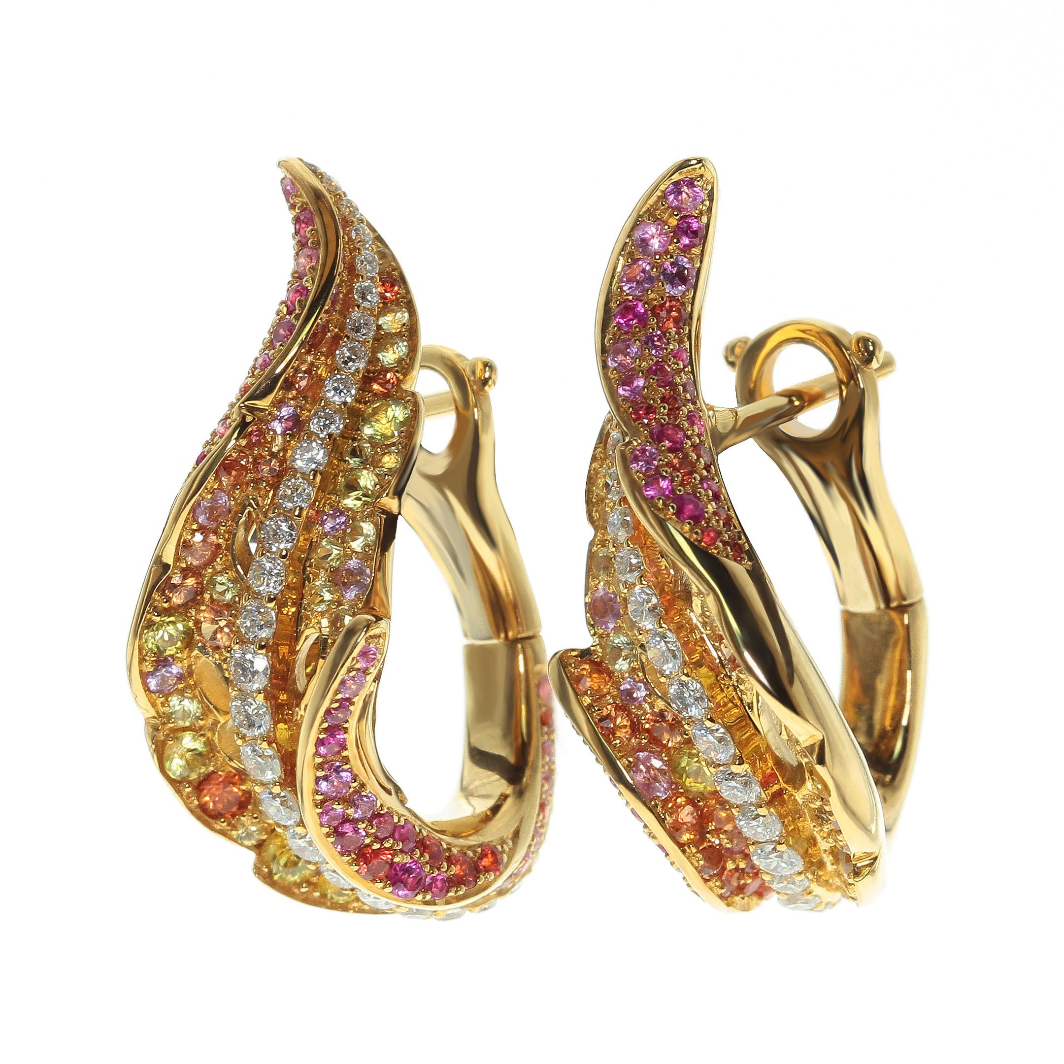 E 0042-0, 18K Yellow Gold, Diamonds, Orange Sapphires, Yellow Sapphires, Pink Sapphires Earrings