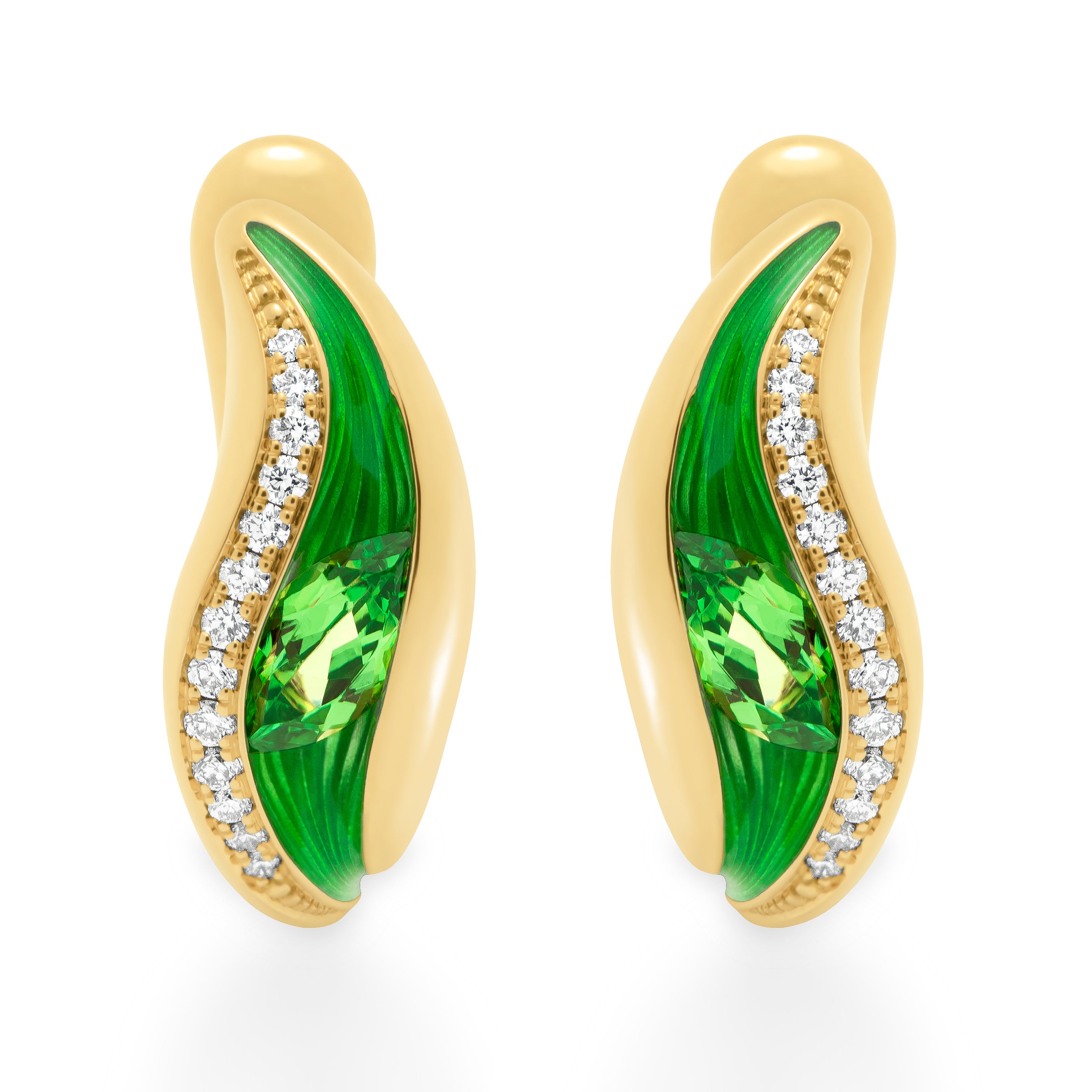 E 0123-80, 18K Yellow Gold, Enamel, Tsavorite Garnet, Diamonds Earrings