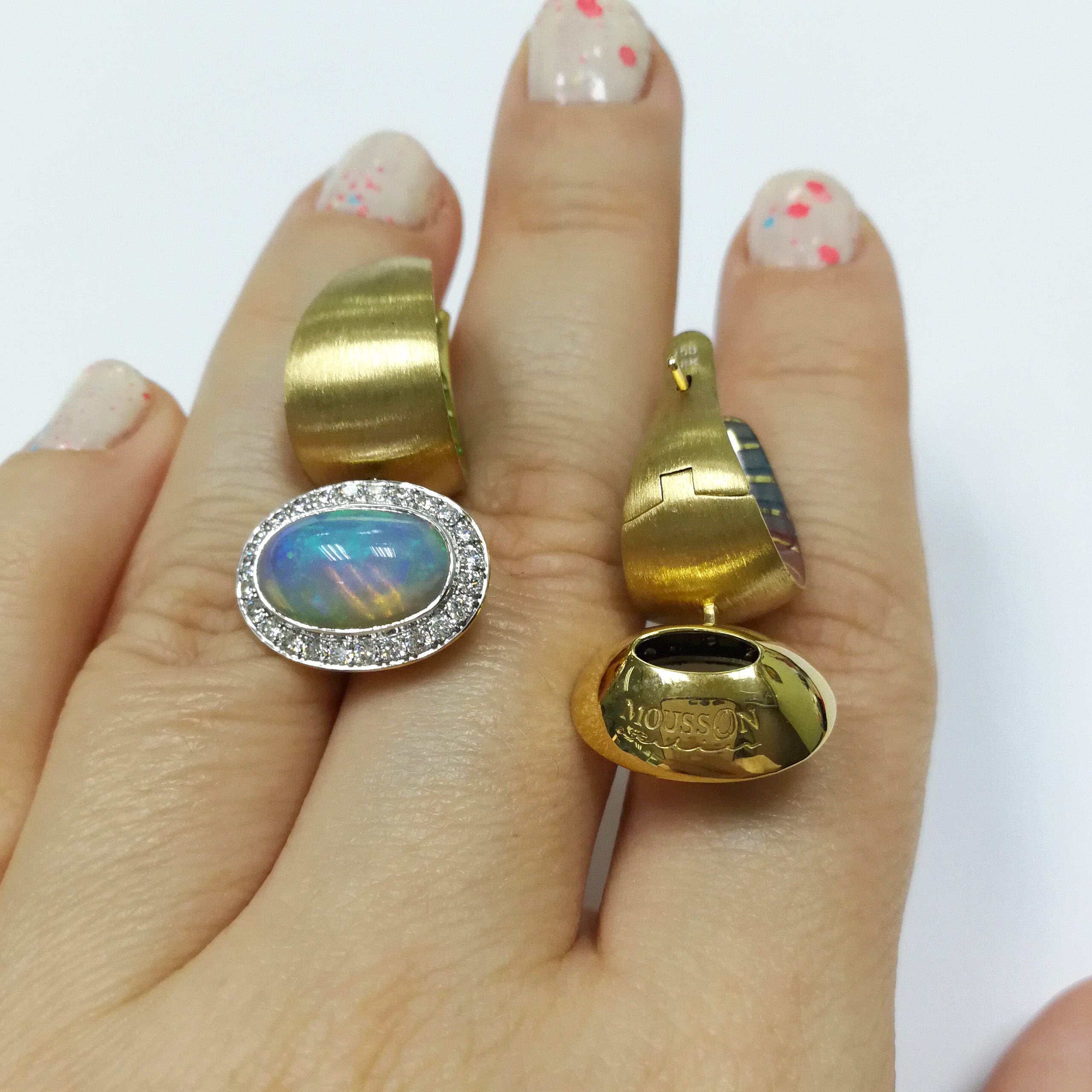 E 0178-61, 18K Yellow Gold, Enamel, Opal, Diamonds Earrings