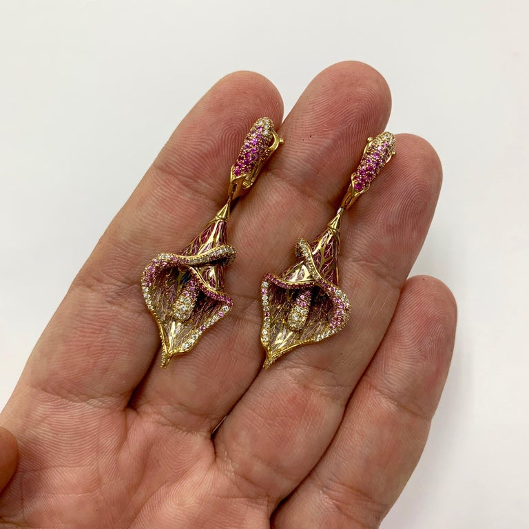 E 0275-7 18K Yellow Gold, Enamel, Pink Sapphires, Diamonds Earrings