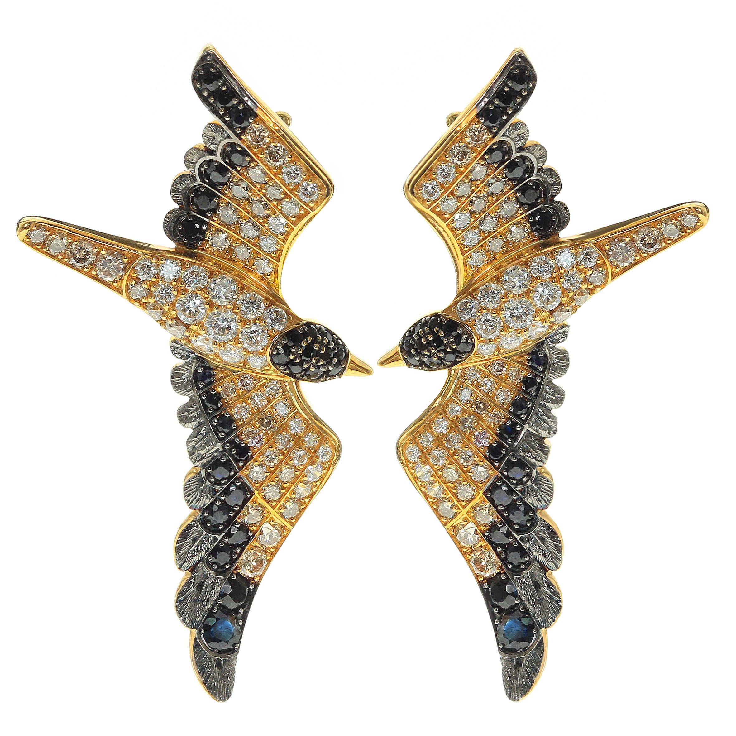 E 0294-0, 18K Yellow Gold, Champagne and Black Diamonds Earrings