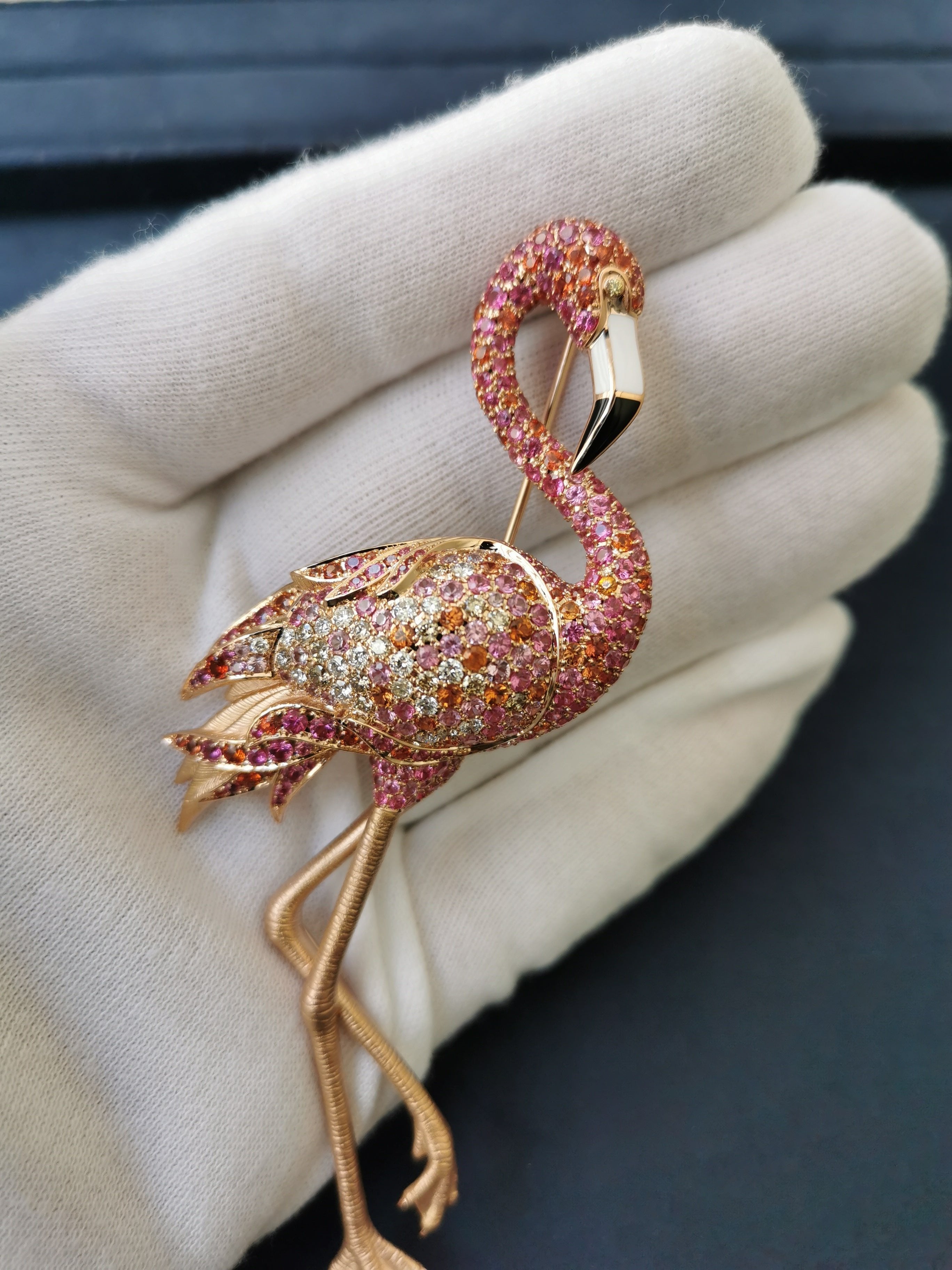 Brs 0170-1, 18K Rose Gold, Enamel, Pink and Orange Sapphires, Diamonds Flamingo Brooch