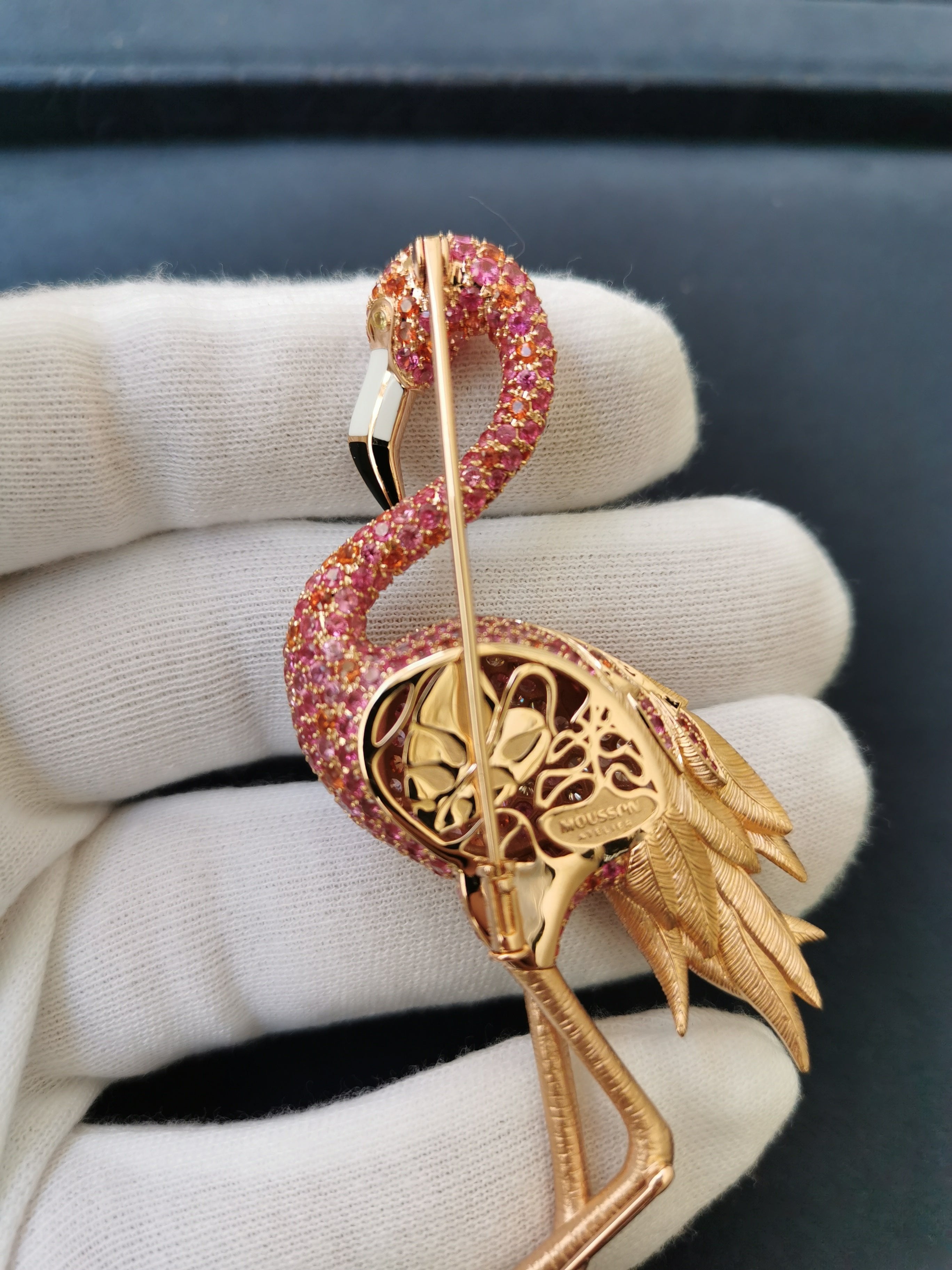 Brs 0170-1, 18K Rose Gold, Enamel, Pink and Orange Sapphires, Diamonds Flamingo Brooch