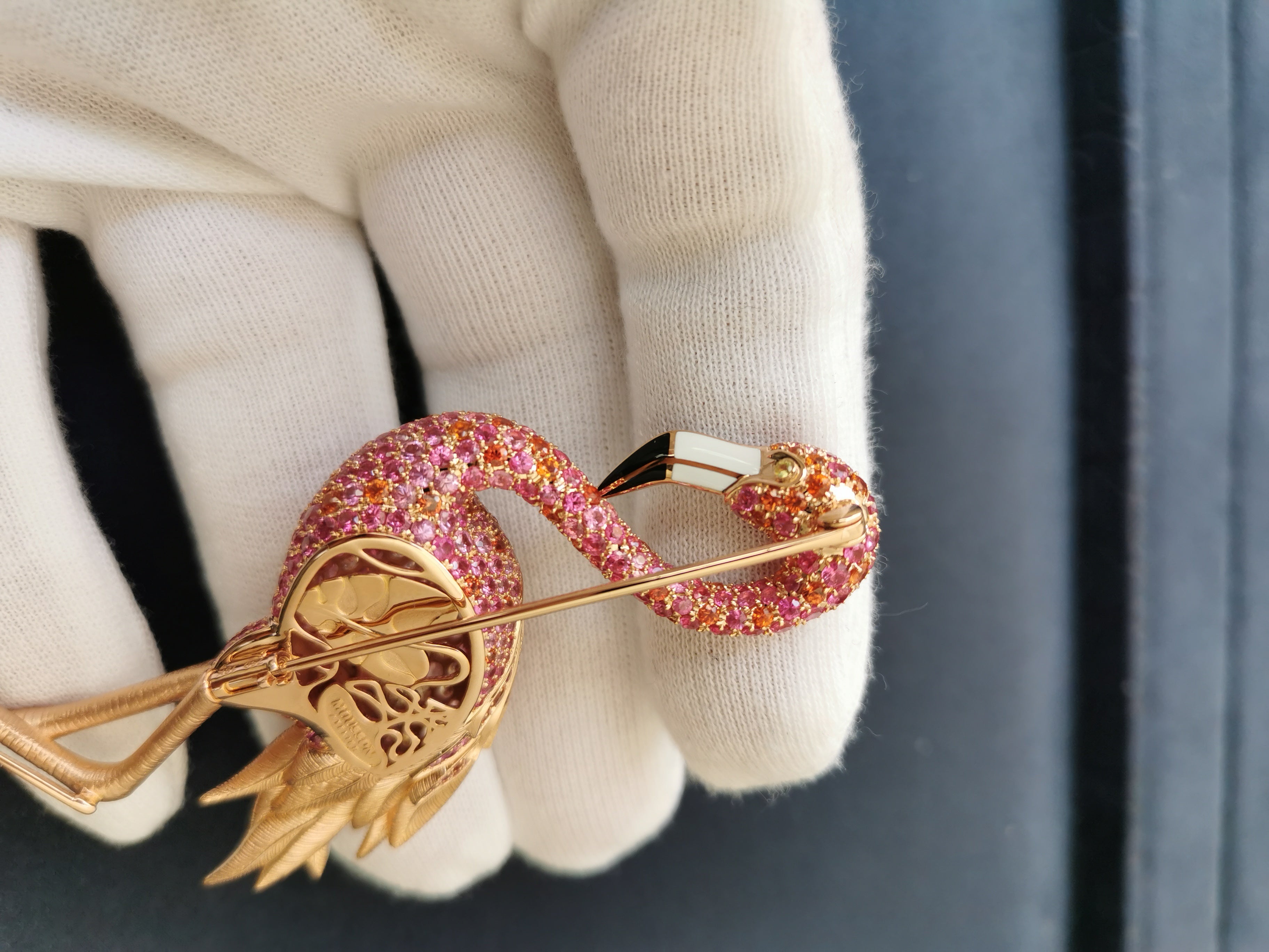 Brs 0170-1, 18K Rose Gold, Enamel, Pink and Orange Sapphires, Diamonds Flamingo Brooch