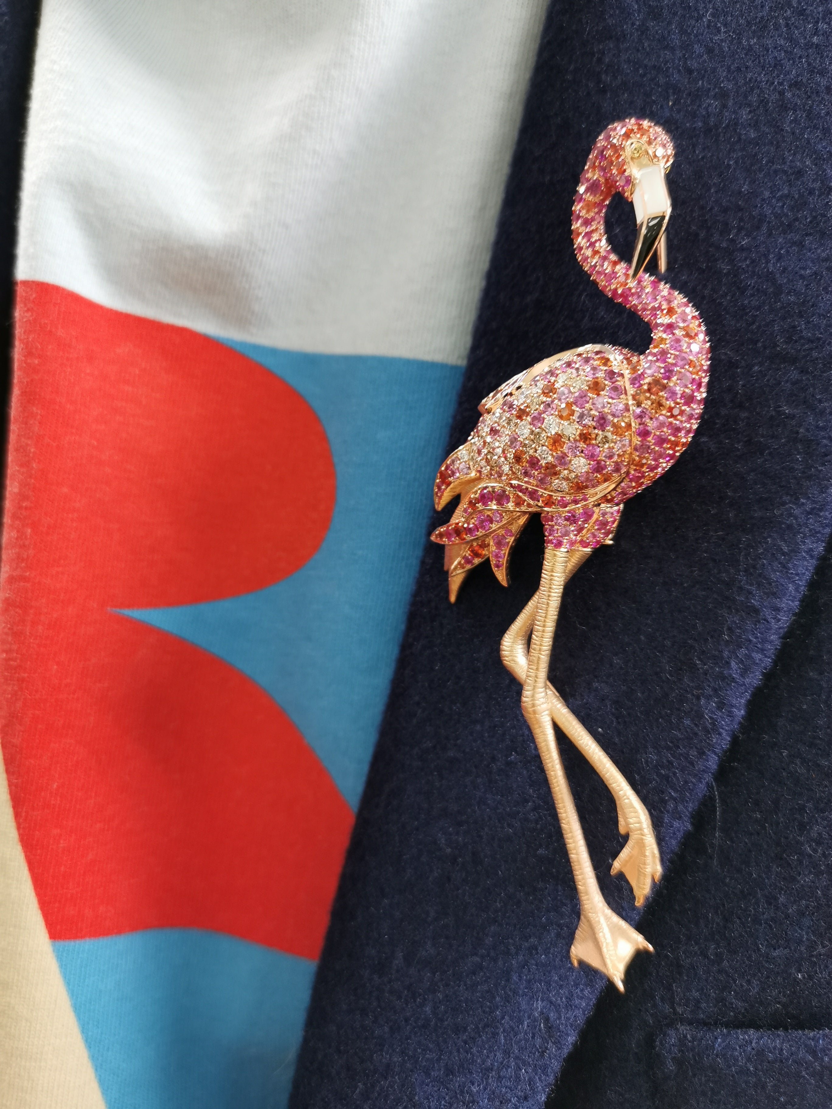 Brs 0170-1, 18K Rose Gold, Enamel, Pink and Orange Sapphires, Diamonds Flamingo Brooch