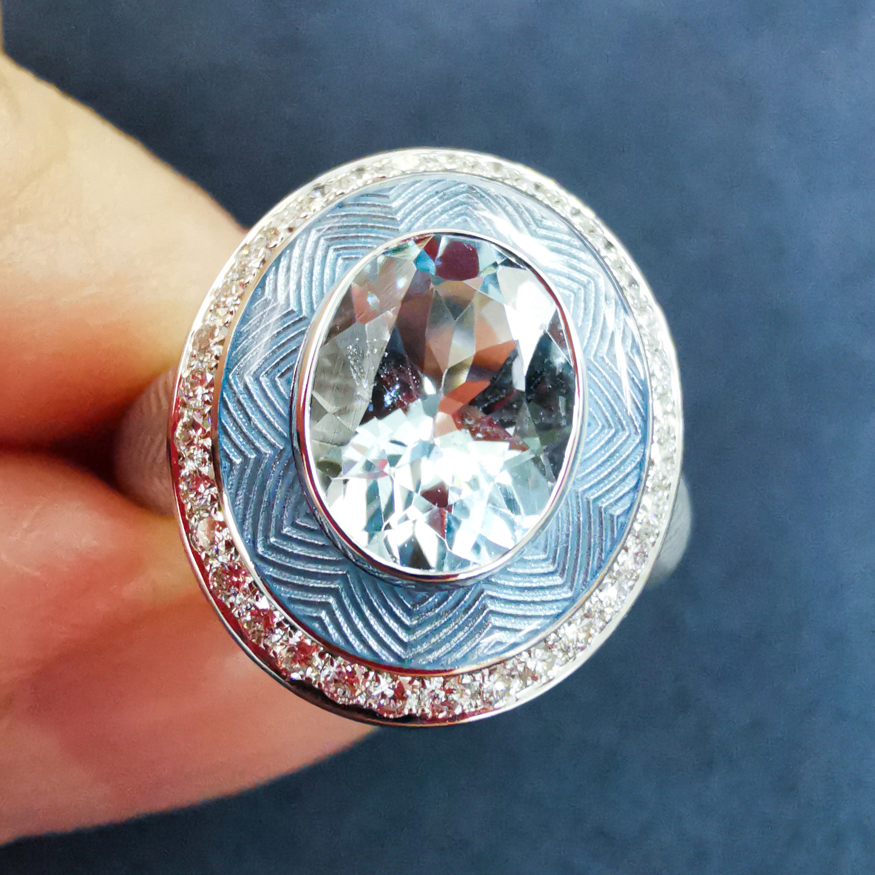 R 0084-2 18K White Gold, Enamel, Aquamarine, Diamonds Ring