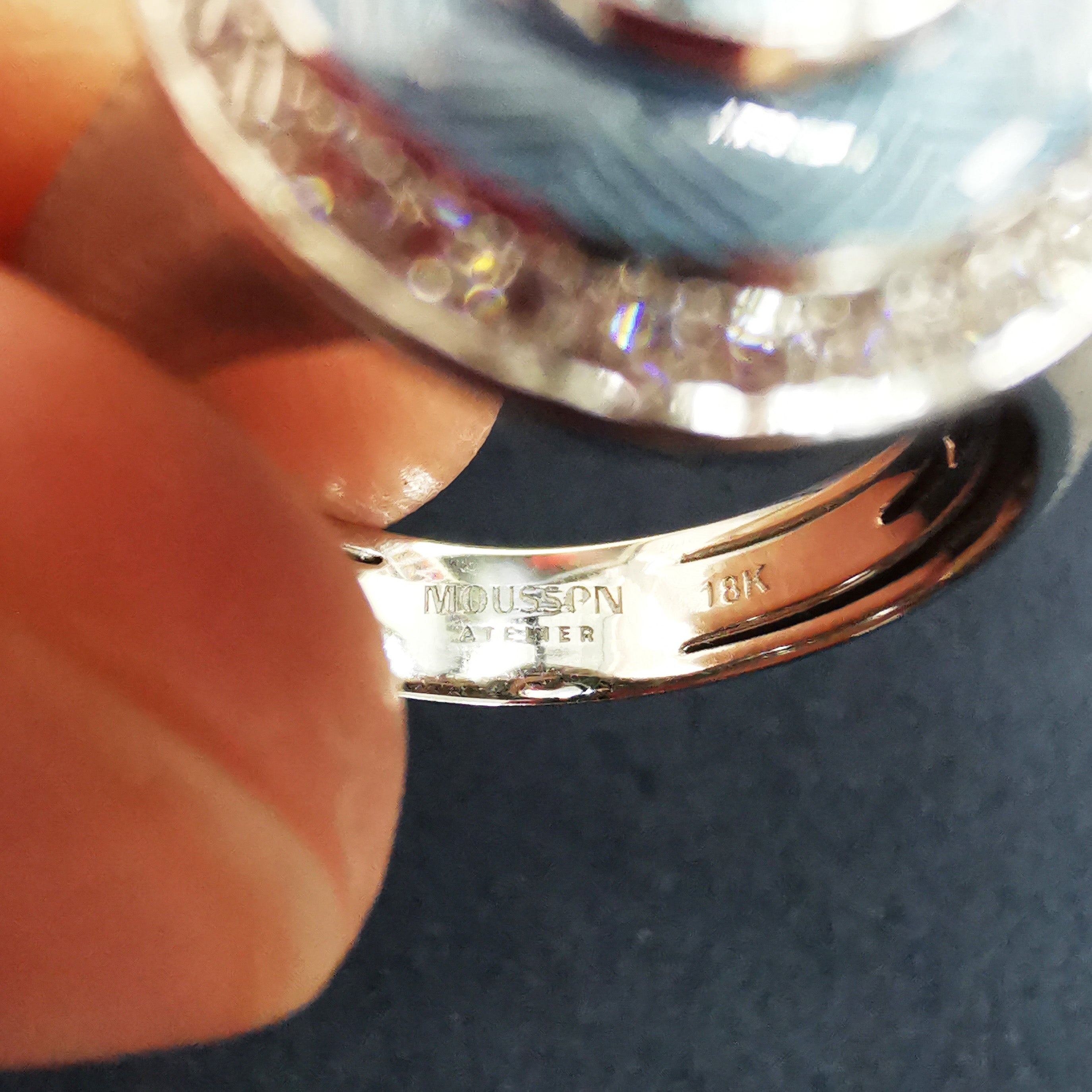 R 0084-2 18K White Gold, Enamel, Aquamarine, Diamonds Ring