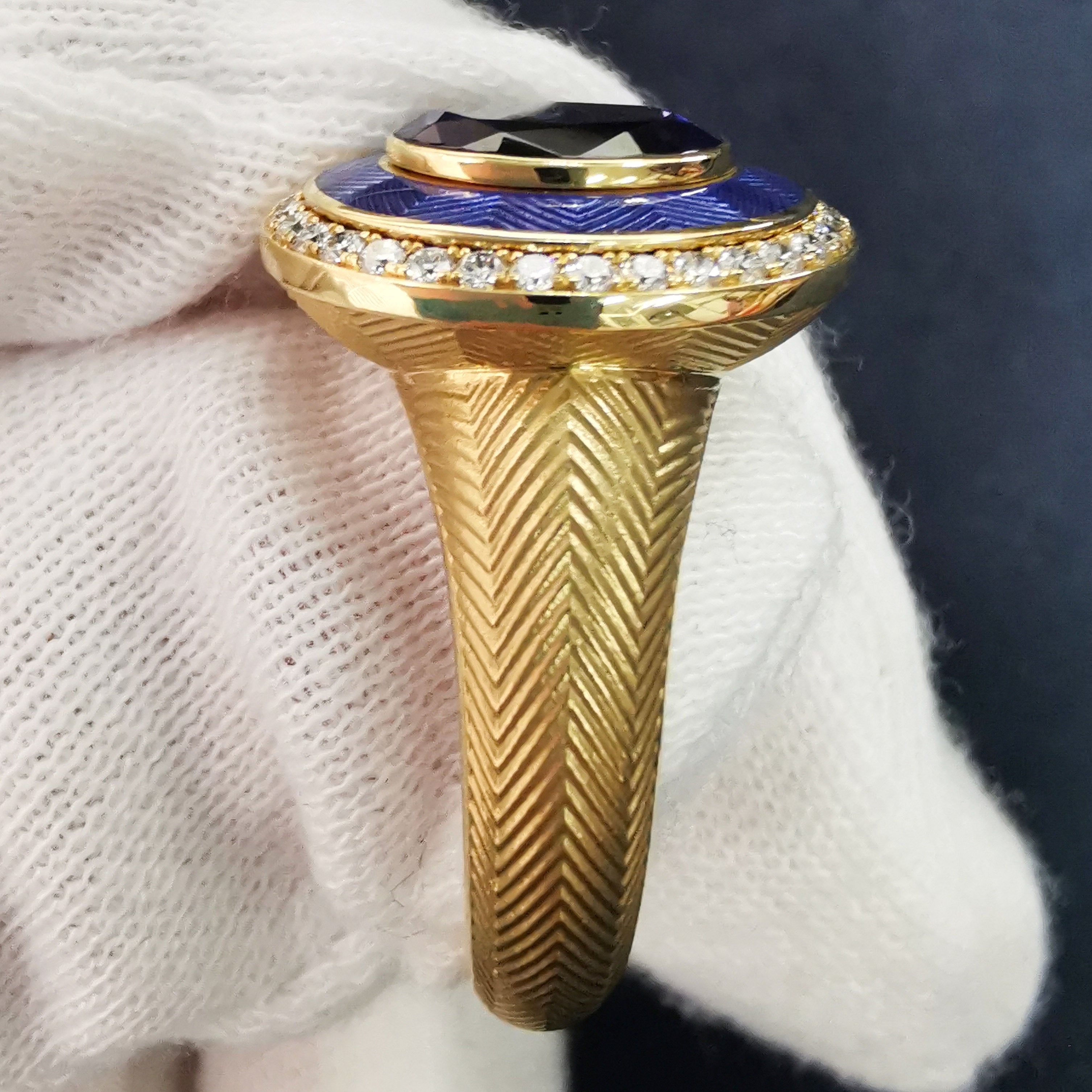 R 0084-2 18K Yellow Gold, Enamel, Tanzanite, Diamonds Ring
