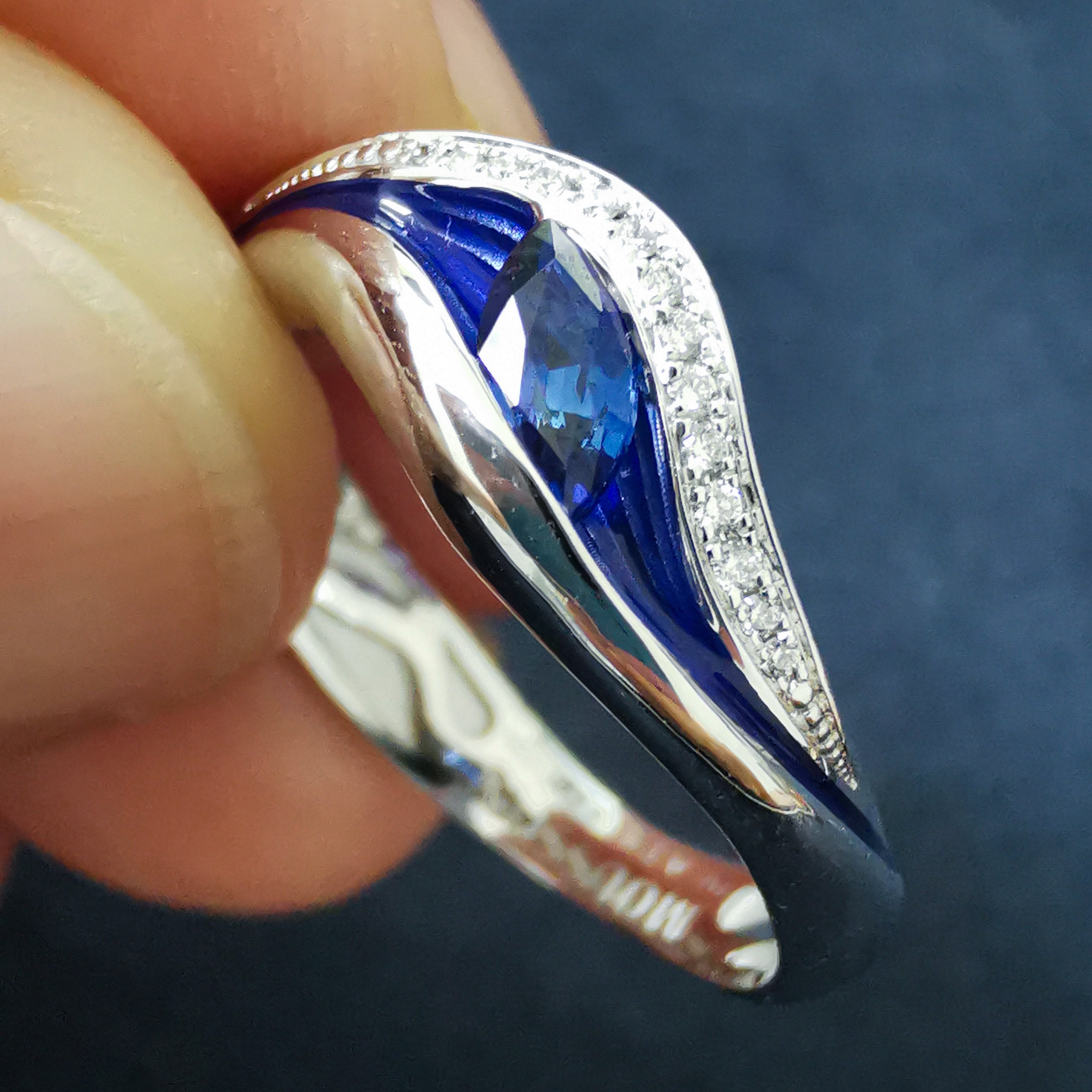 R 0123-8 18K White Gold, Enamel, Sapphire, Diamonds Ring