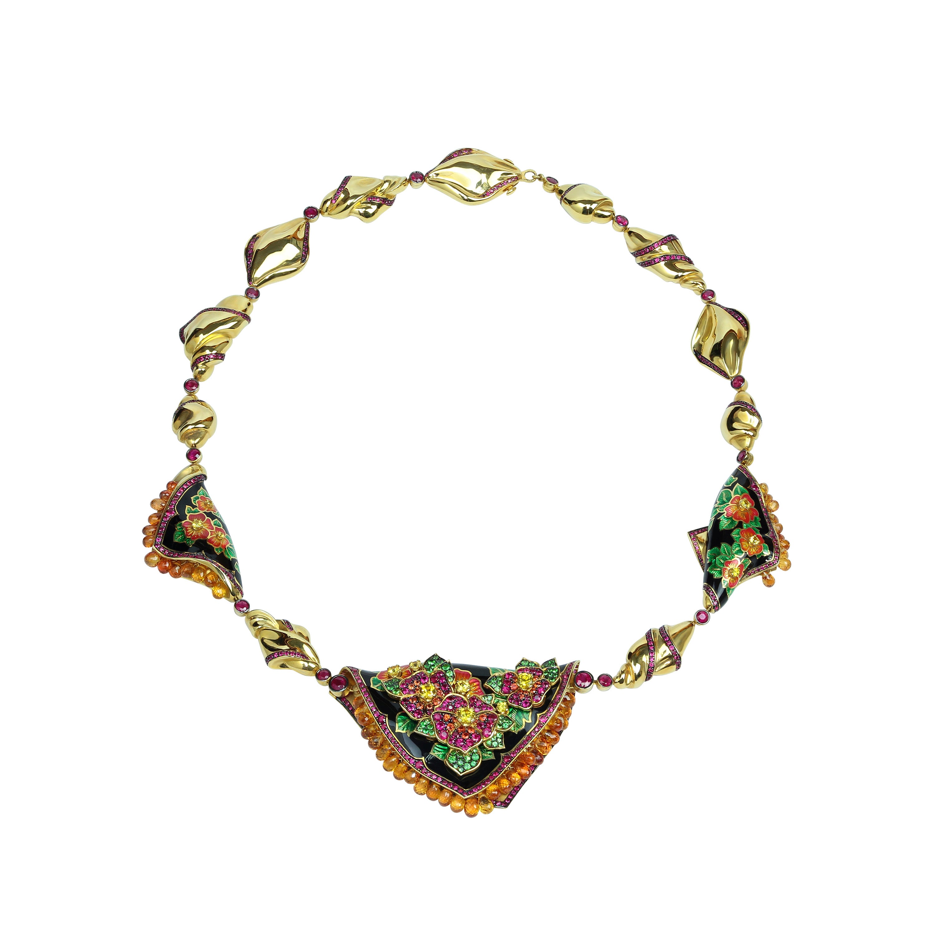 N 0097-0 18K Yellow Gold, Enamel, Ruby, Yellow and Orange Sapphire Necklace