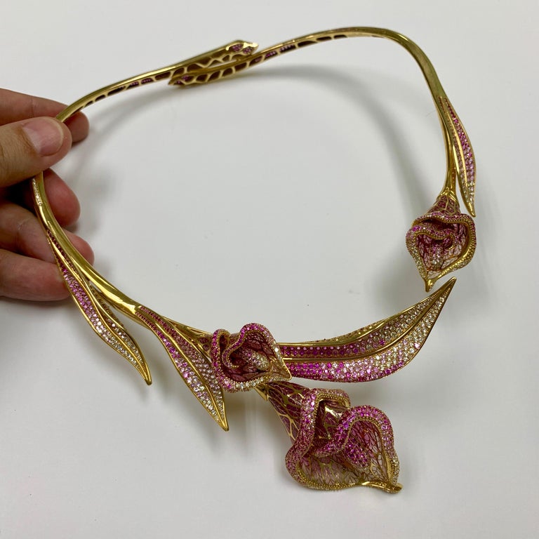 N 0275-7 18K Yellow Gold, Enamel, Pink Sapphires, Diamonds Necklace
