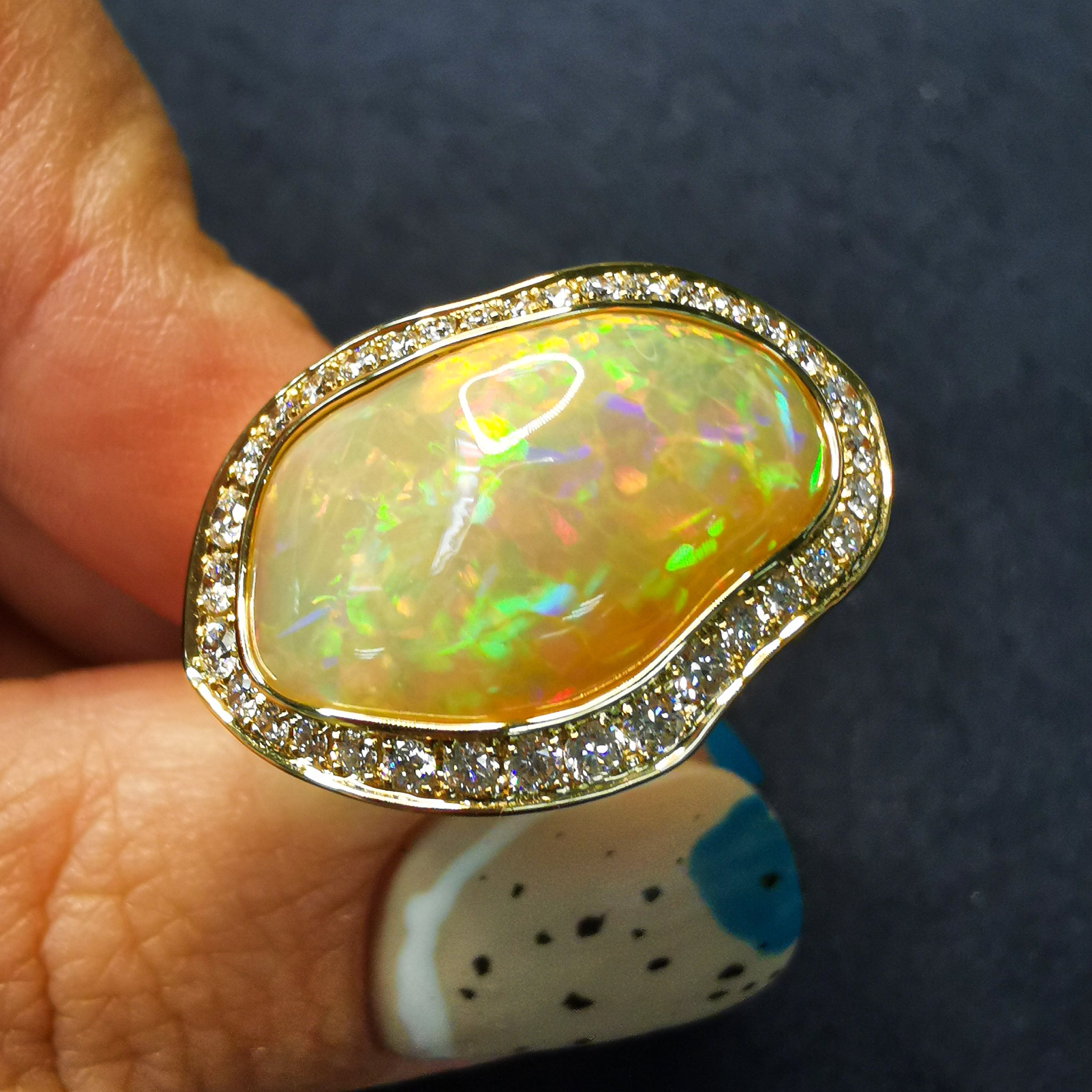 R 0029-22 18K Yellow Gold, Fire Opal, Diamonds Ring