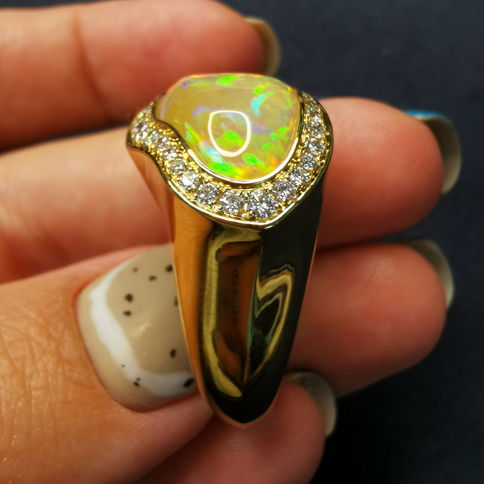 R 0029-22 18K Yellow Gold, Fire Opal, Diamonds Ring