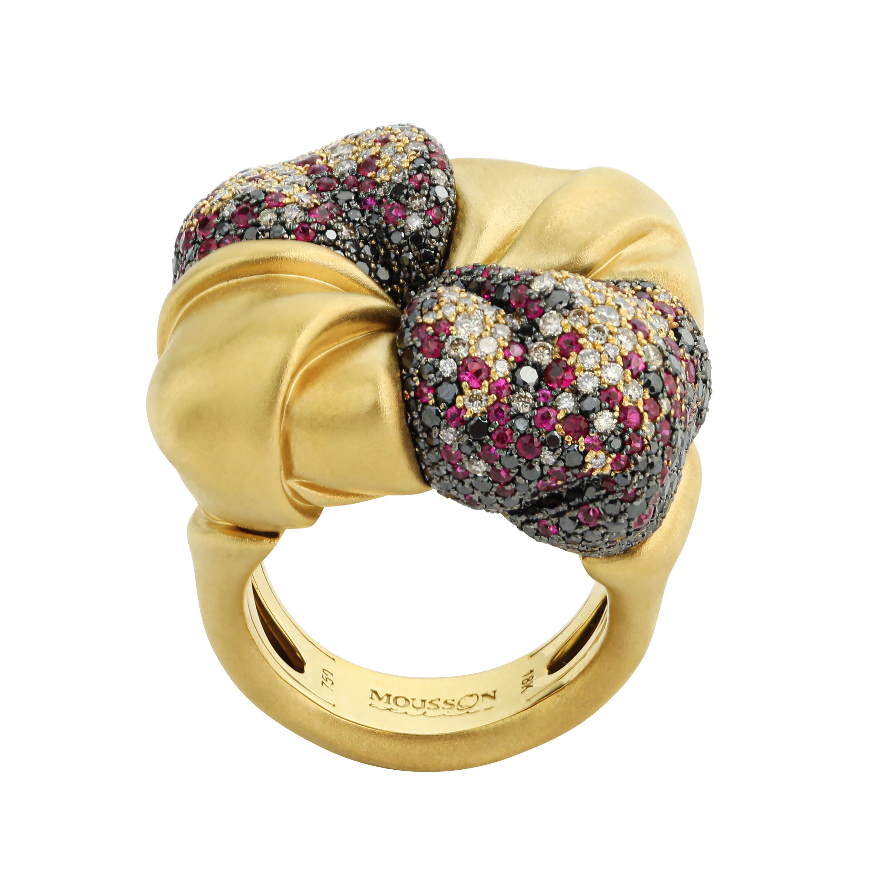 R 0132-1, 18K Yellow Gold, Ruby, Champagne and Black Diamonds Ring