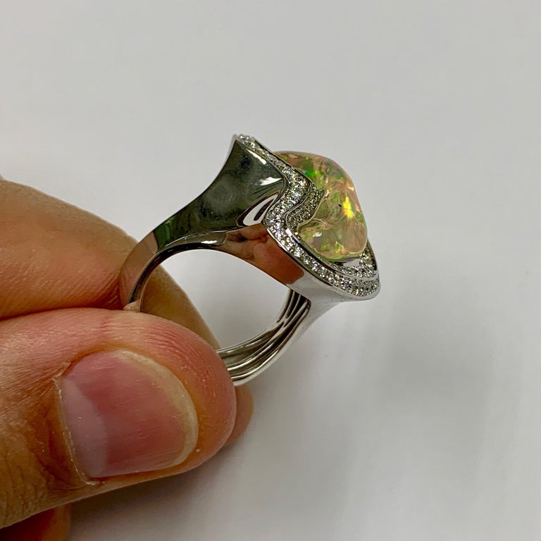 R 0029-13 18K White Gold, Mexican Fire Opal, Diamonds Ring