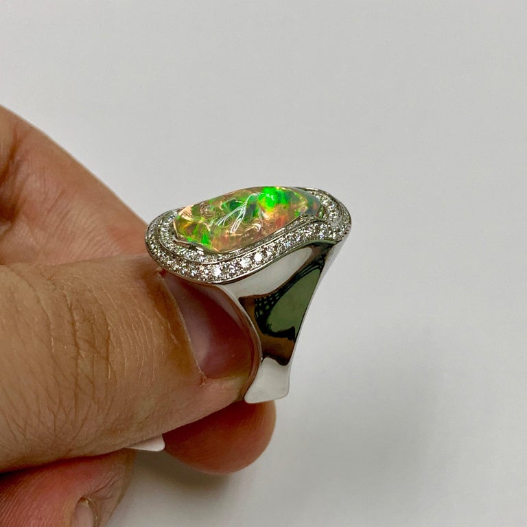 R 0029-13 18K White Gold, Mexican Fire Opal, Diamonds Ring