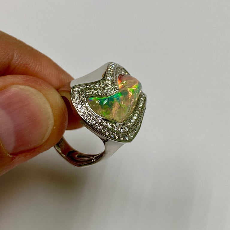 R 0029-13 18K White Gold, Mexican Fire Opal, Diamonds Ring