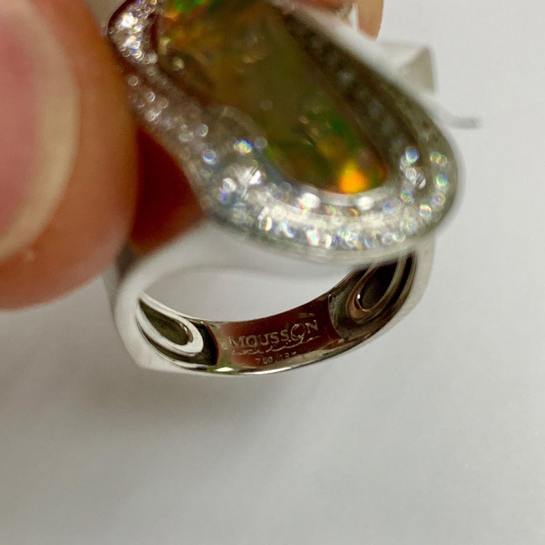 R 0029-13 18K White Gold, Mexican Fire Opal, Diamonds Ring
