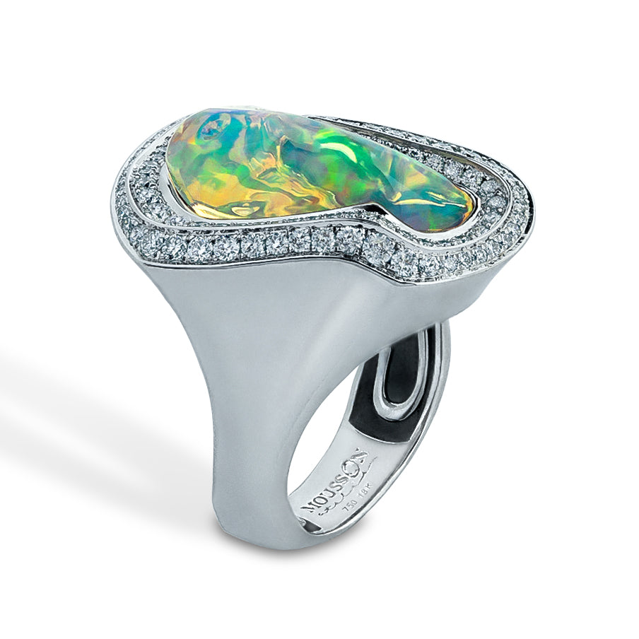 R 0029-13 18K White Gold, Mexican Fire Opal, Diamonds Ring