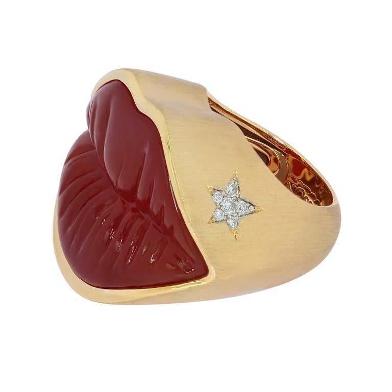 Carved Carnelian, Diamonds 18K Yellow Gold Ring, R 0077-1