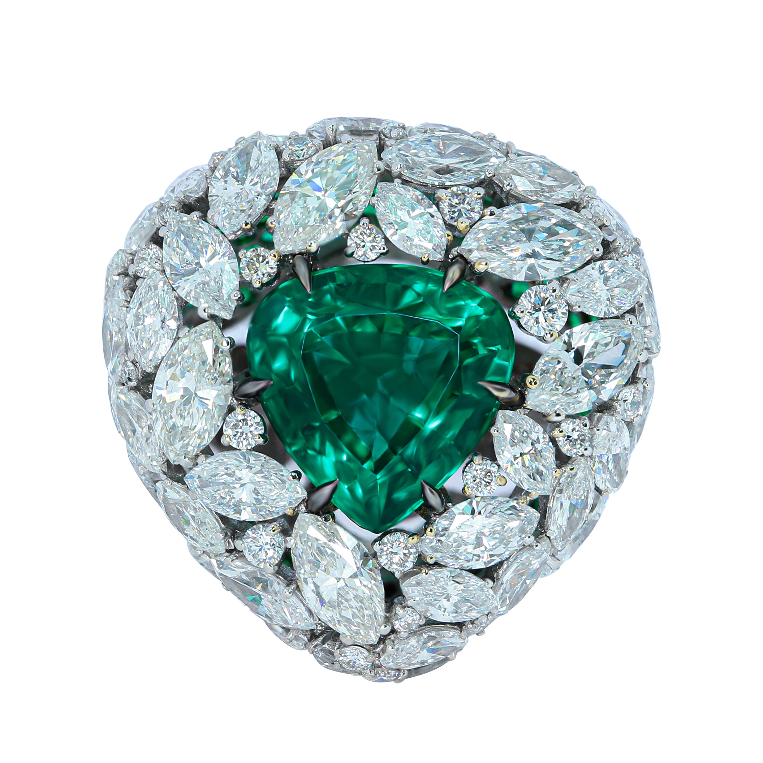 R 0114-0 18K White Gold, Emerald, Diamonds Ring