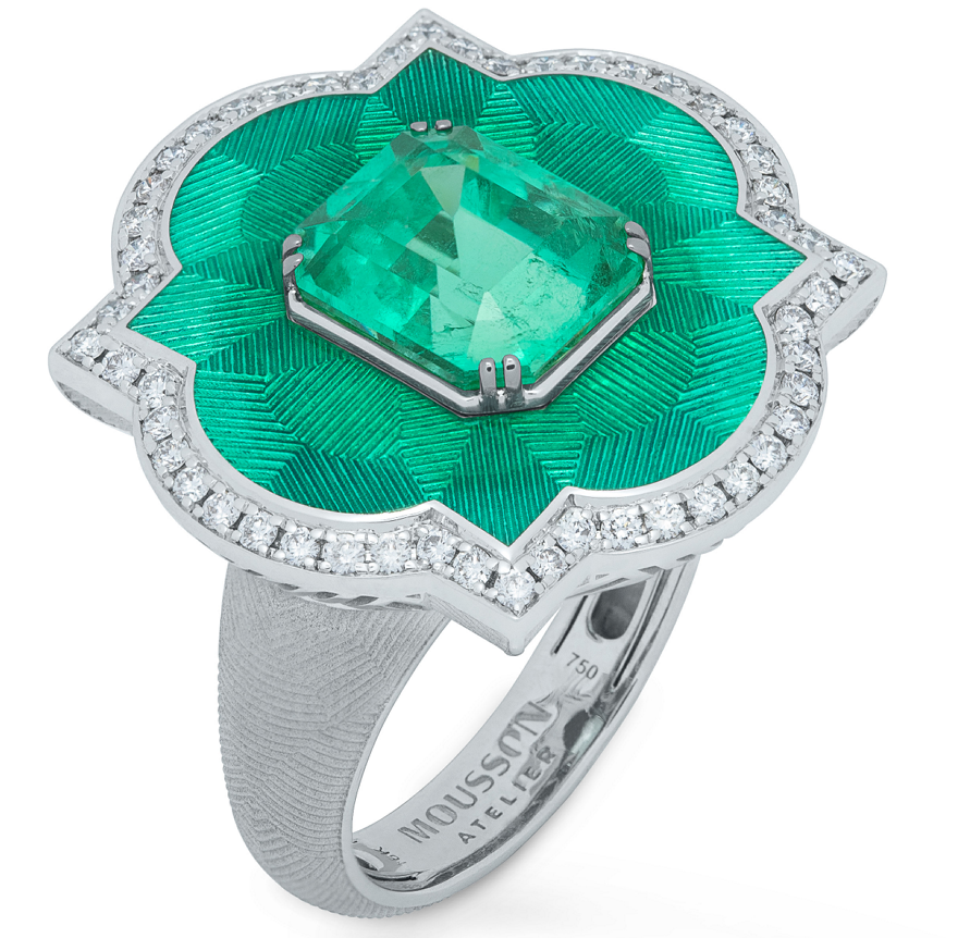 R 0117-10 18K White Gold, Emerald, Diamonds Ring