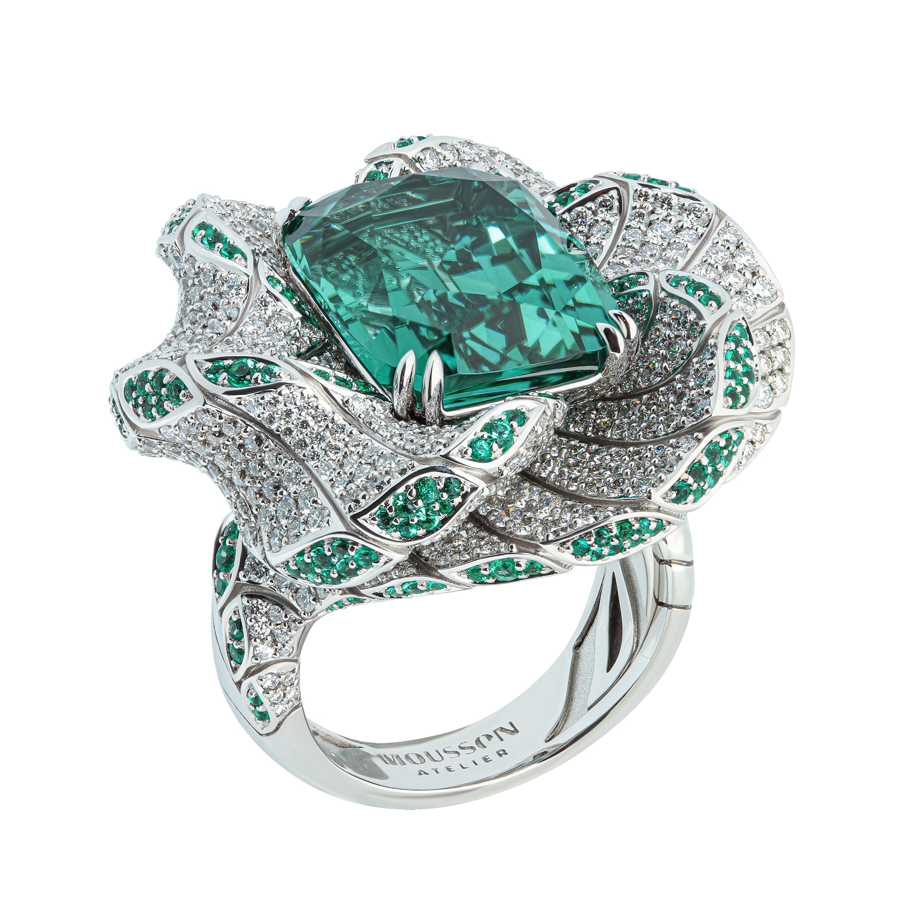 R 0121-1 18K White Gold, Tourmaline, Emeralds, Diamonds Ring