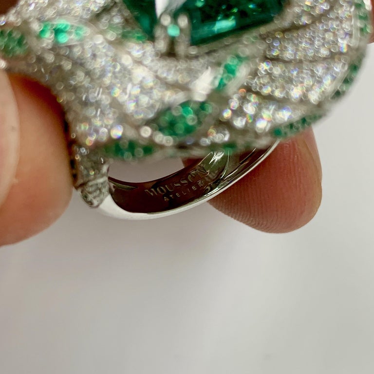 R 0121-1 18K White Gold, Tourmaline, Emeralds, Diamonds Ring