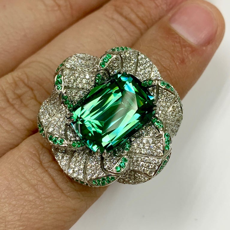 R 0121-1 18K White Gold, Tourmaline, Emeralds, Diamonds Ring