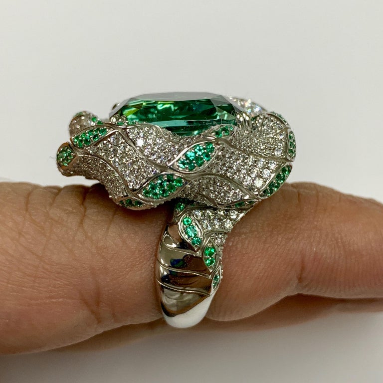 R 0121-1 18K White Gold, Tourmaline, Emeralds, Diamonds Ring