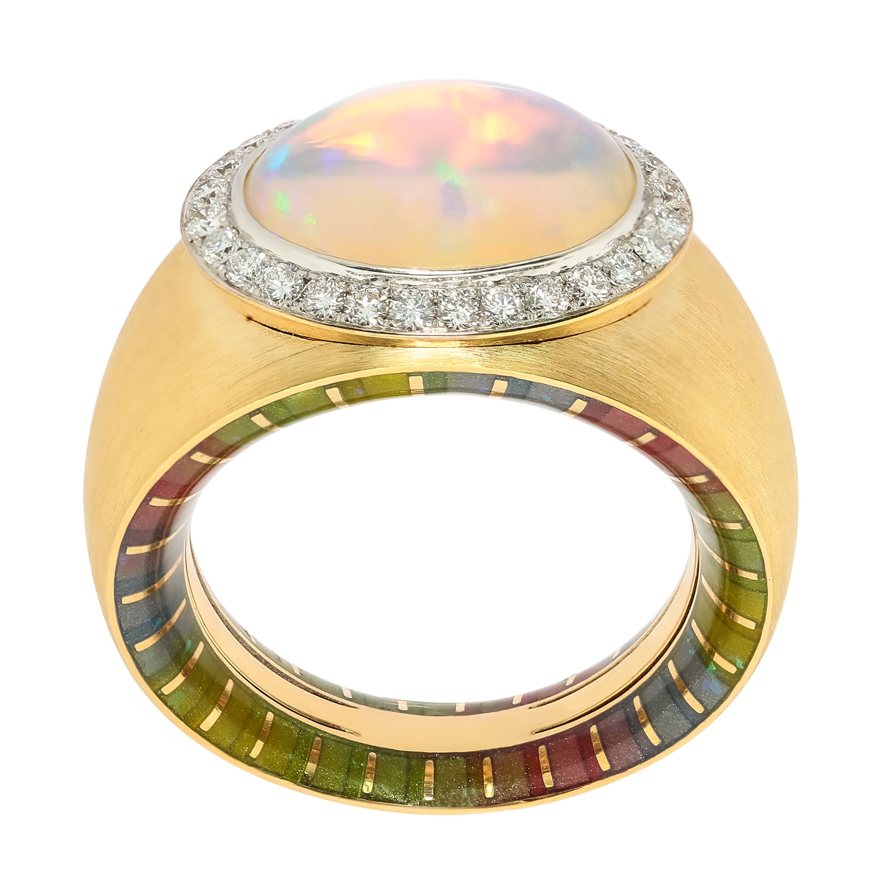 R 0178-61, 18K Yellow Gold, Enamel, Opal, Diamonds Ring