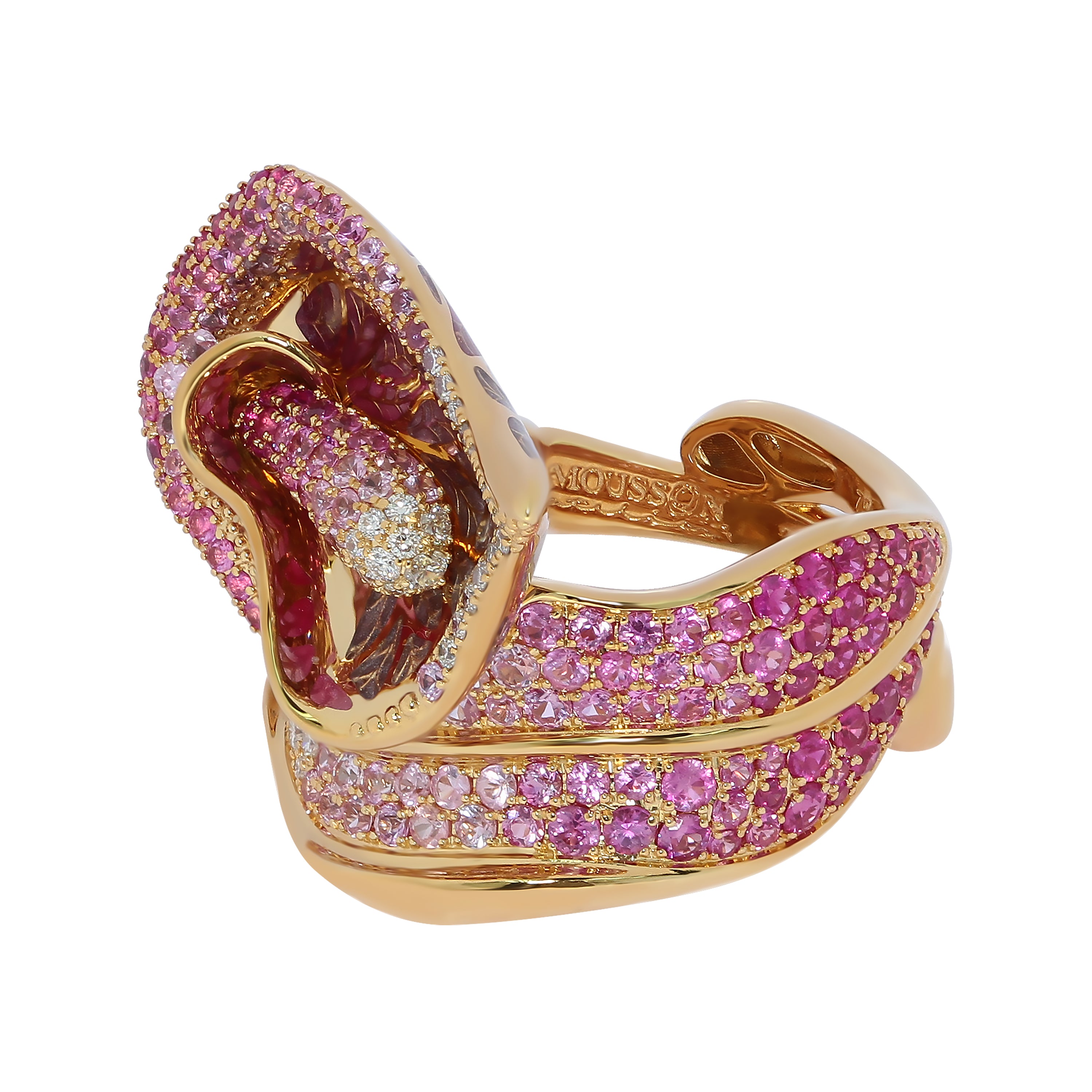 R 0275-7, 18K Yellow Gold, Enamel, Pink Sapphires, Diamonds Ring