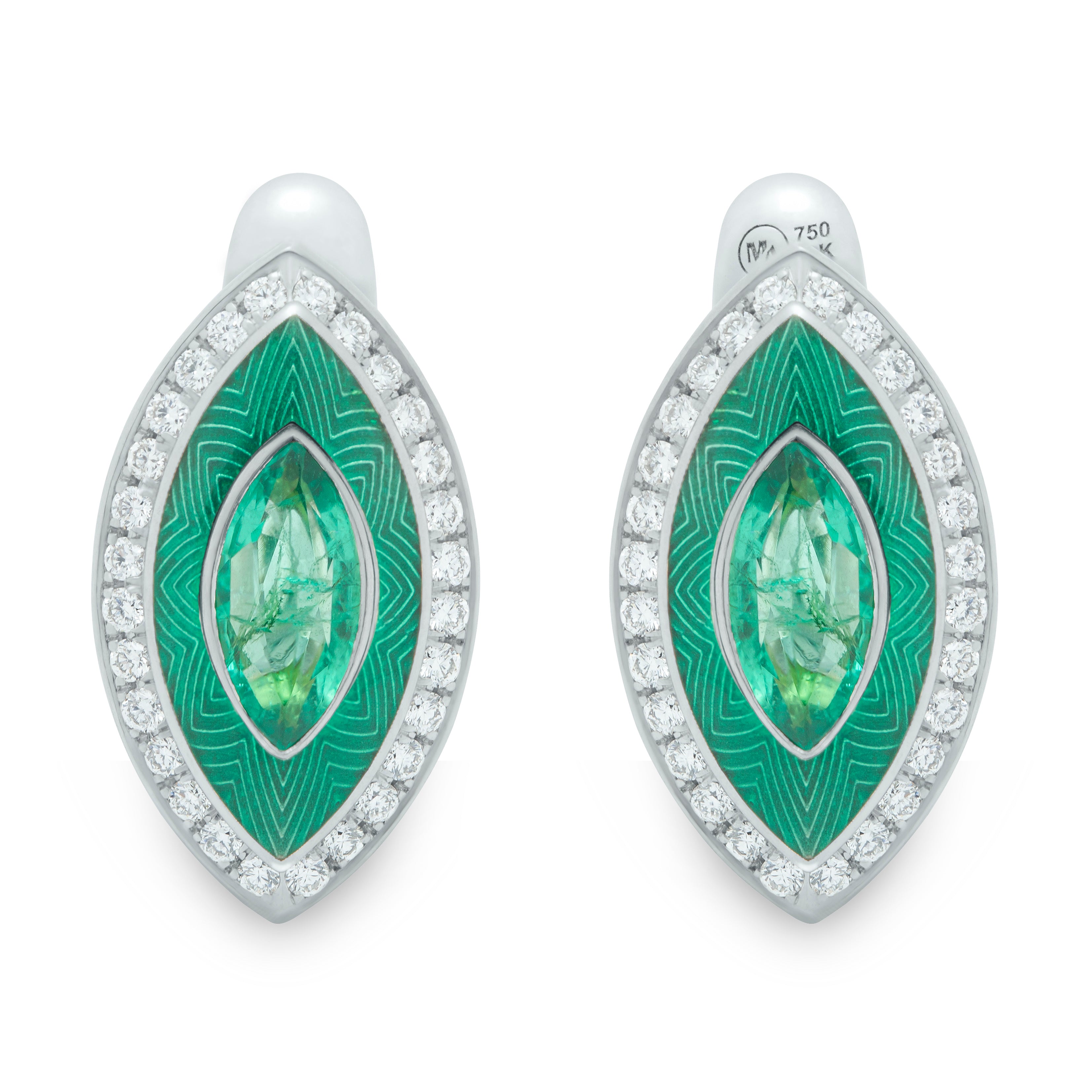 E 0084-11 18K White Gold, Enamel, Emerald, Diamonds Earrings
