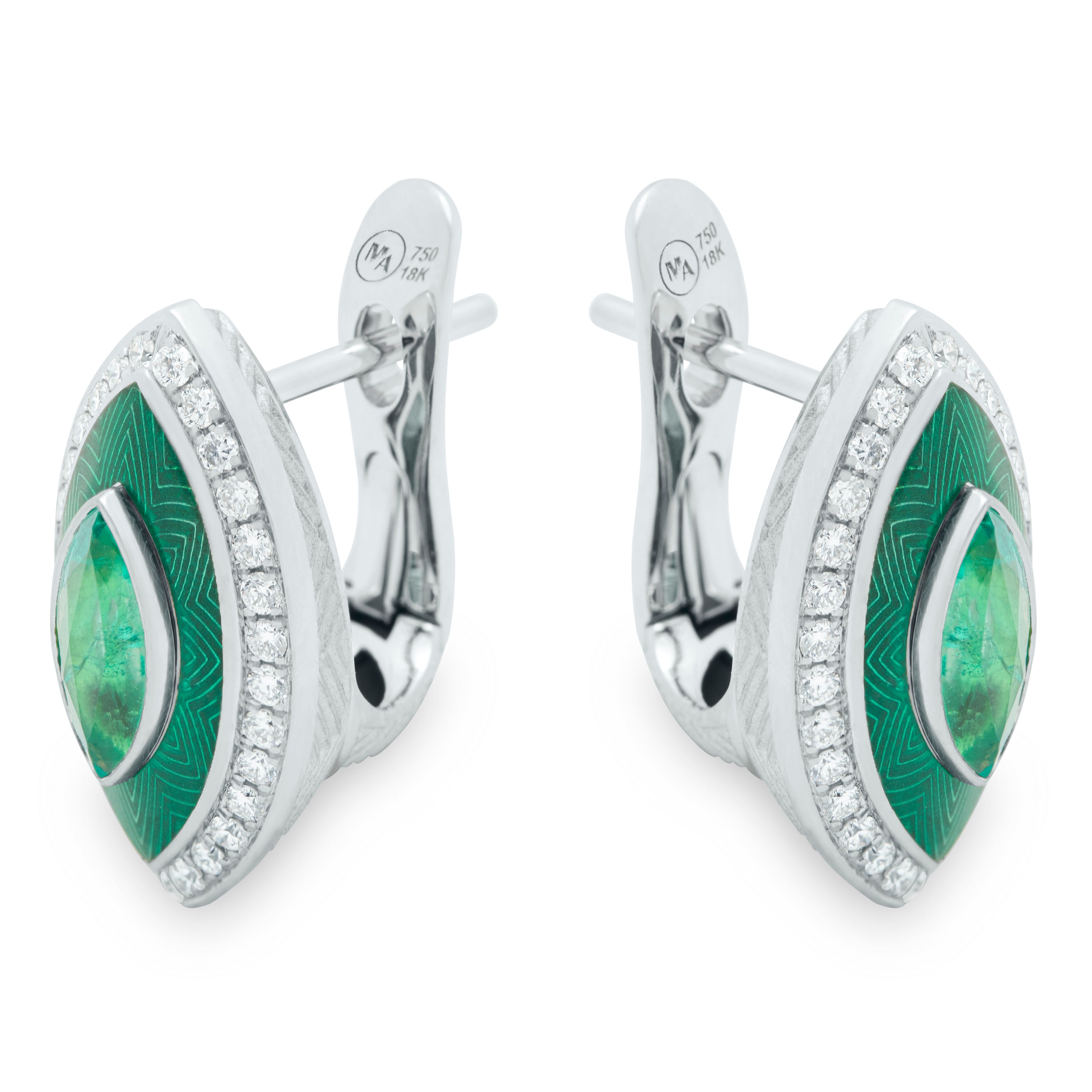 E 0084-11 18K White Gold, Enamel, Emerald, Diamonds Earrings