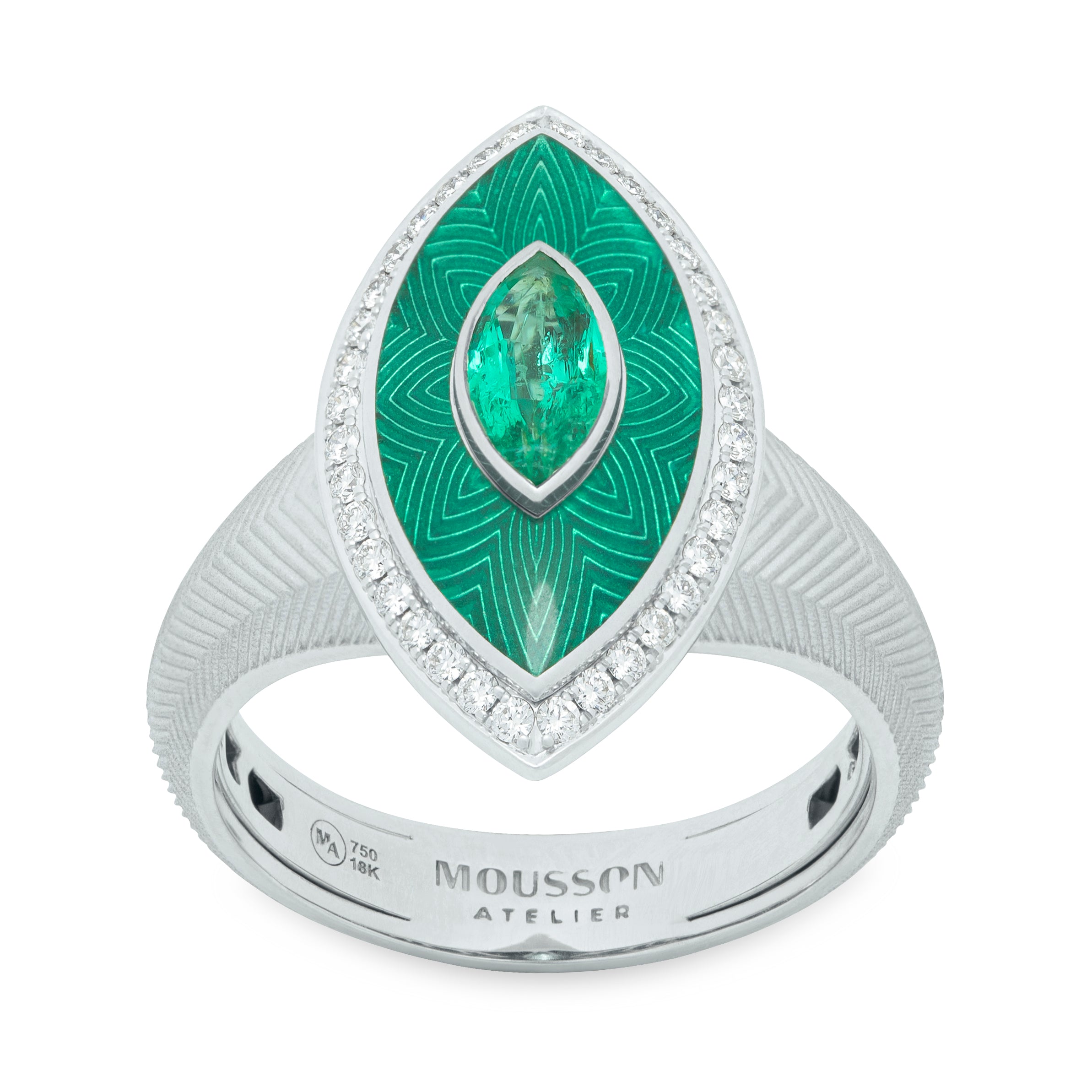 R 0084-11 18K White Gold, Enamel, Emerald, Diamonds Ring